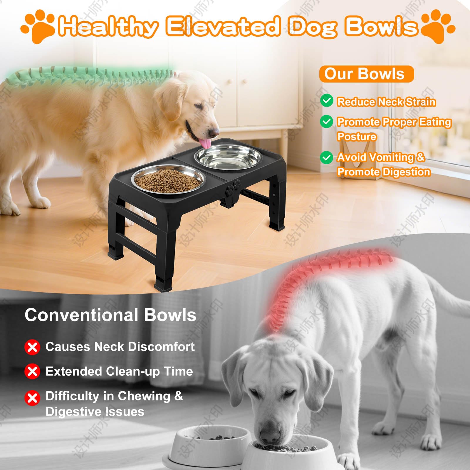 Elevated Dog Bowl Stand for Large Dogs - 2 Extra Large 10    Stainless Steel Bowls, 5 Adjustable Heights(7.5-15.4), Foldable Non