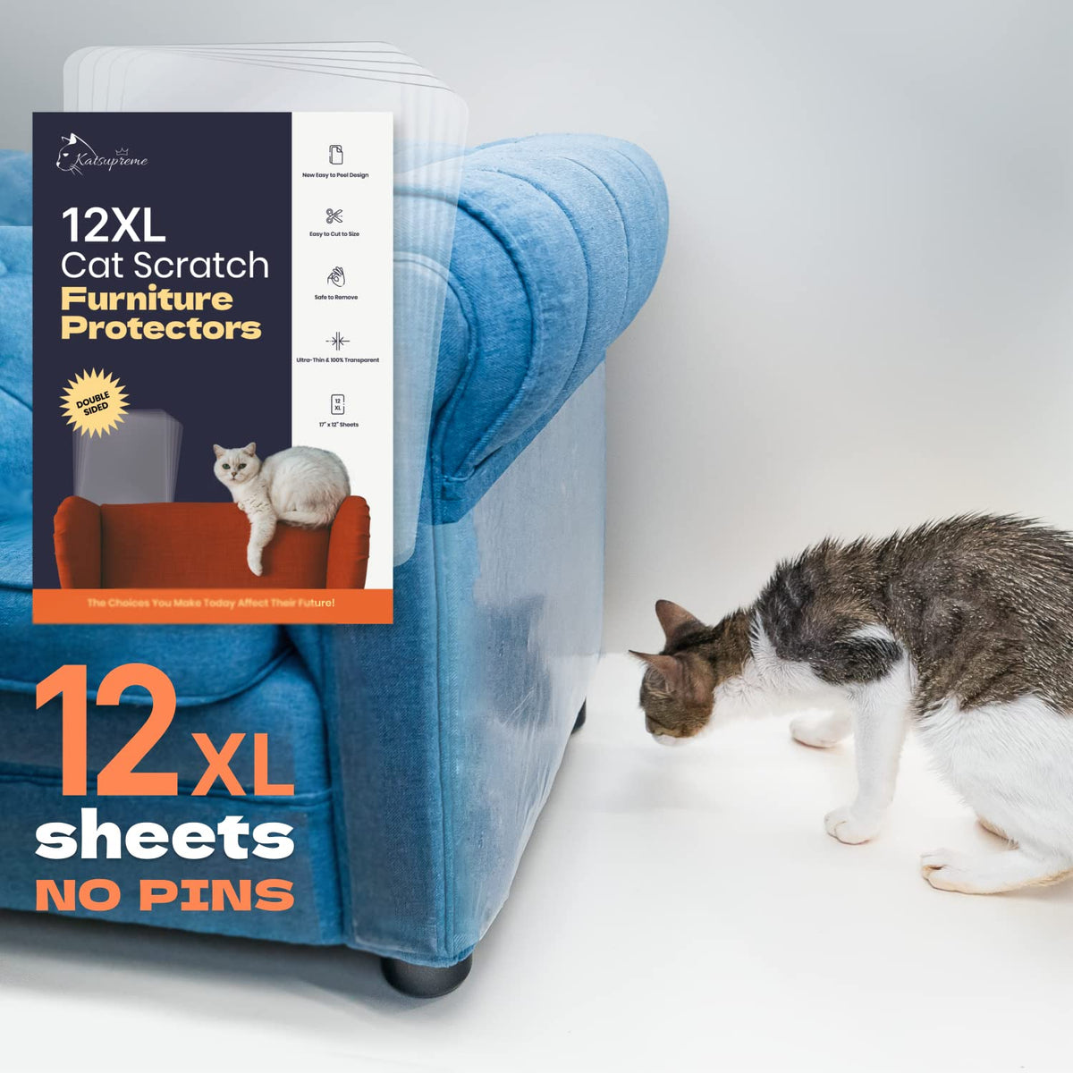 Katsupreme Cat Scratch Couch Protector - 12Xl Sheets, Clear (Almost Invisible), Extra Durable, Easy To Customize, Residue-Free Furniture Protector