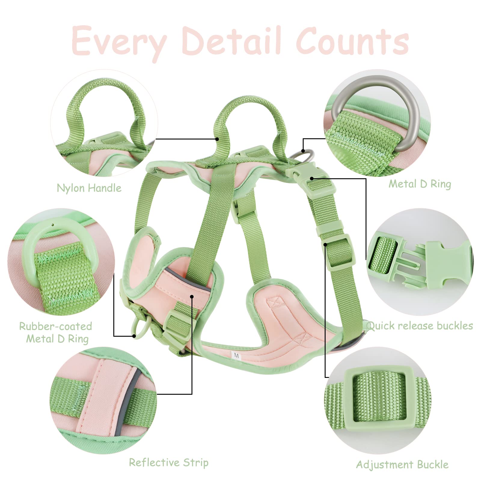 Wolfone No Pull Dog Harness Adjustable Soft Padded Pet Vest With Control Handle Adorable Daily Harness For Dogs(Gossamer Pink L)