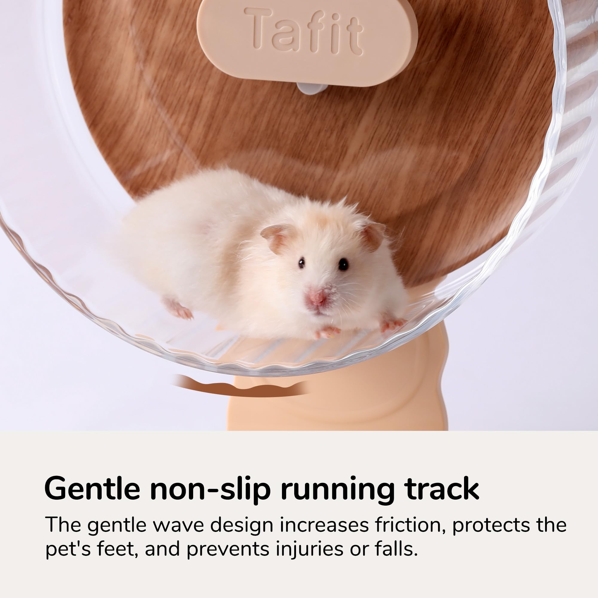 Tafit Silent Hamster Wheel 8.7 Inch Dual-Bearings Quiet Running Exercise Wheels With Wood Grain Backboard, Height Adjustable For