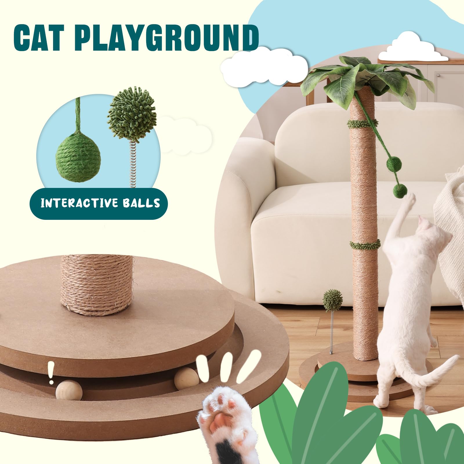 Aplatho Scratching Posts For Indoor Cats Adults - 33.2' Tall Cat Scratching Post With Sisal Rope - Cute Kitten Cat Tree Scratching Post With Interactive Ball Track