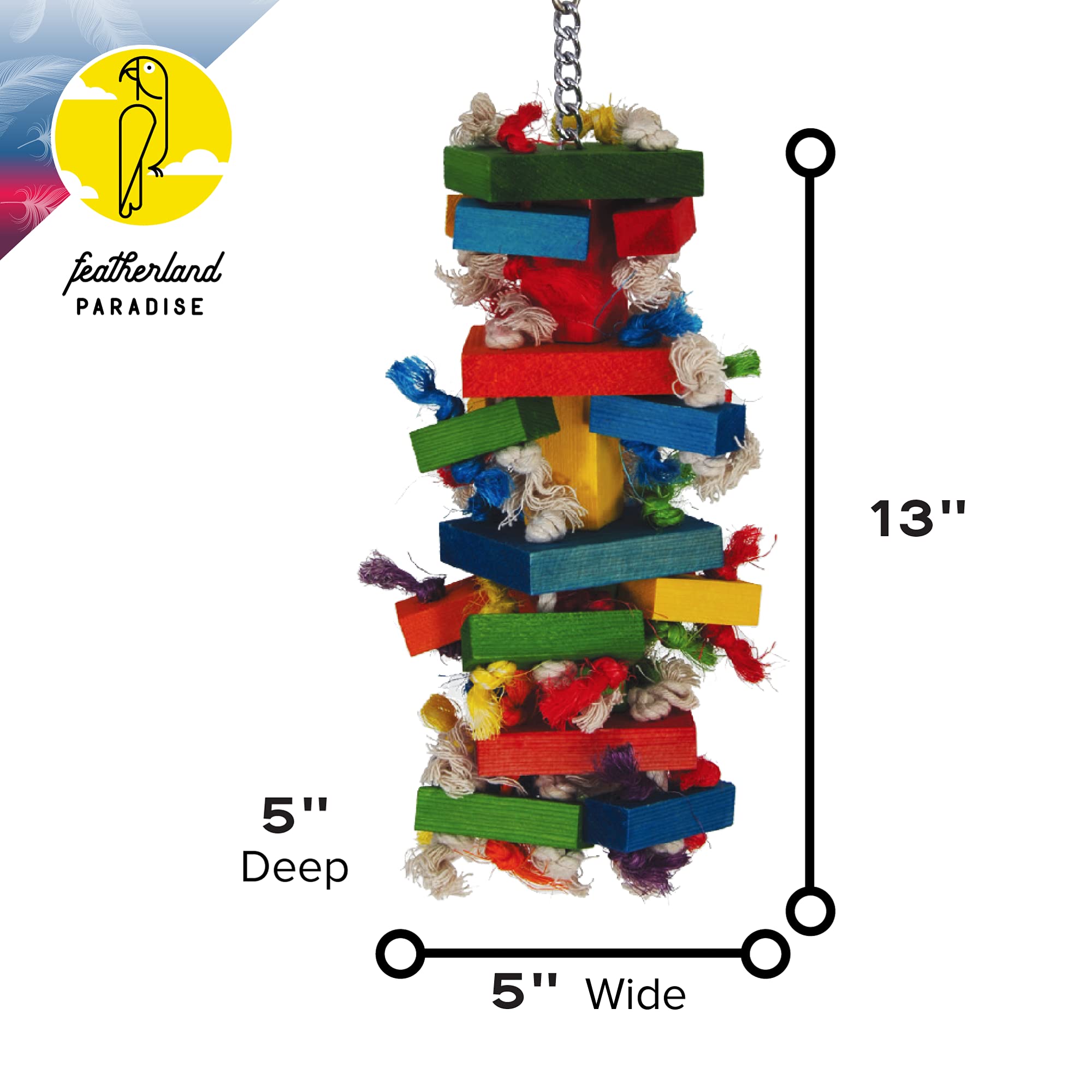 Featherland Paradise Bird Toy For Medium To Large Birds - Knots N Blocks - Parrot Toys For Parakeets, Sun Conures, Caiques, Medium Birds