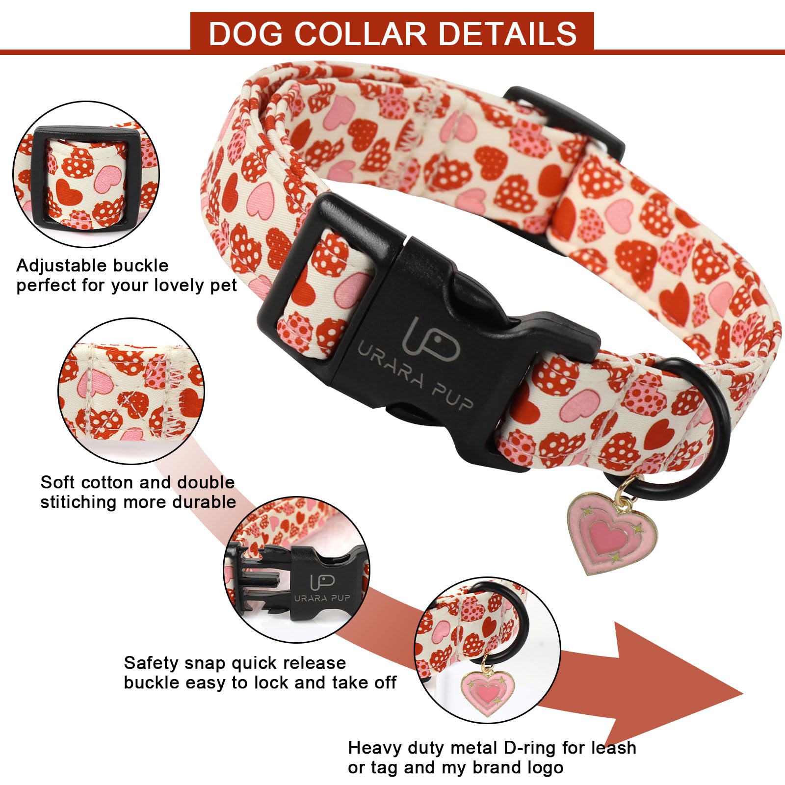 Up Urara Pup Valentines Dog Collar, Red Heart Dog Collar With Quick Release, Sweet Valentines Gift Pet Girl Boy Dog Collar For P