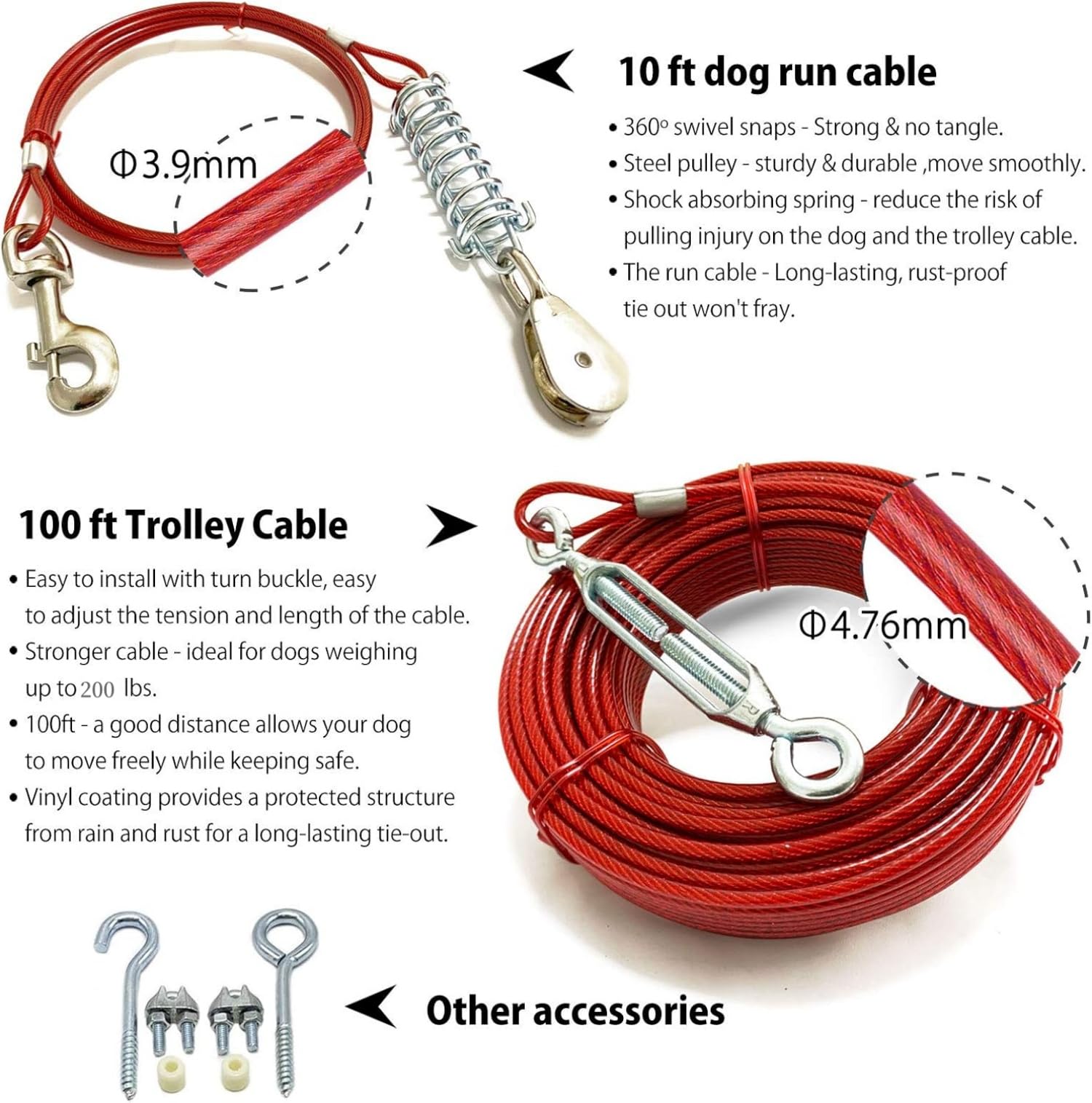 Pestairs Heavy Duty Dog Tie Out Trolley System - 100ft Cable for Dogs up to 125 lbs, Red, Model PR-01