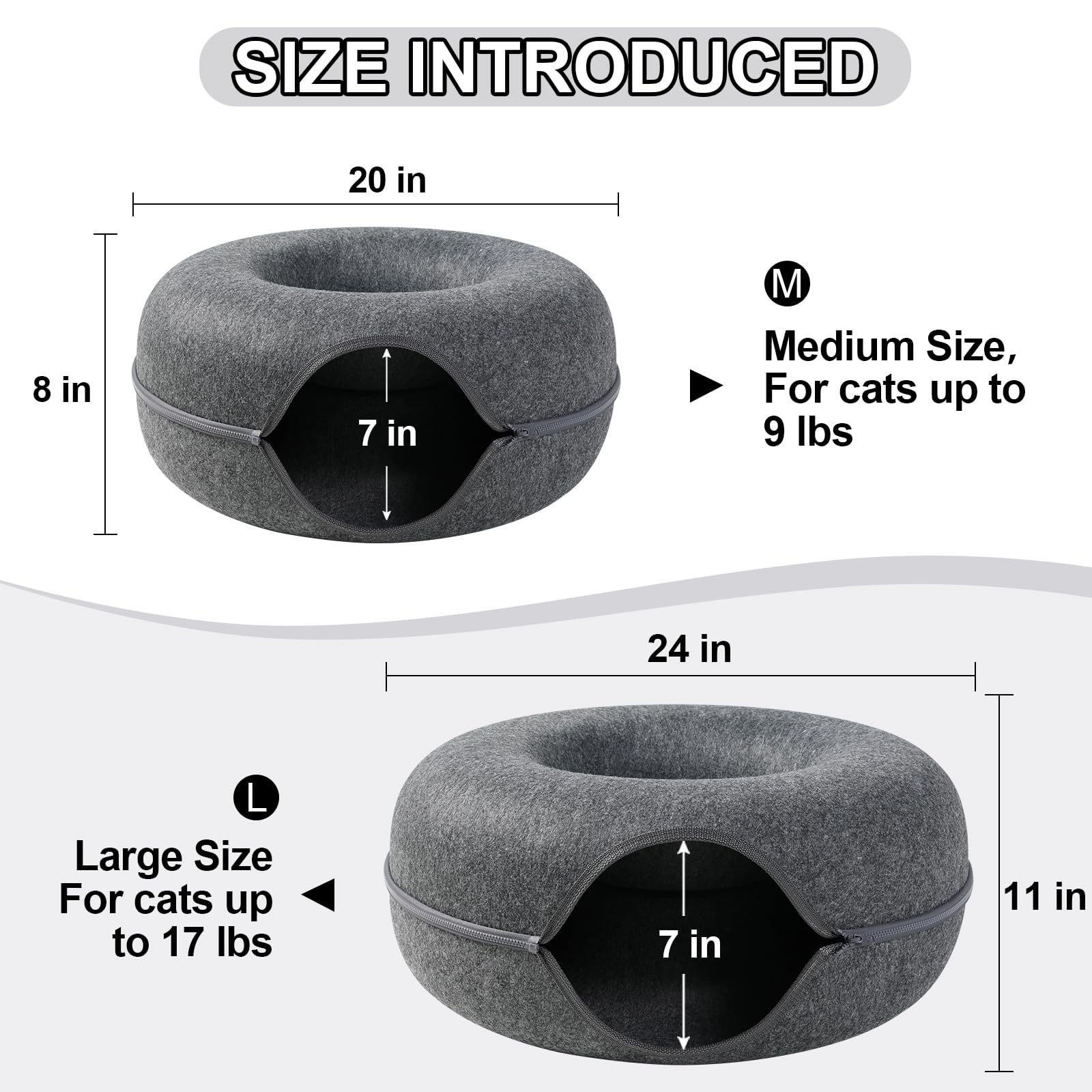 Bininl Peekaboo Cat Cave Bed For Indoor Cats, Detachable Round Felt Tunnel With Washable Interior For Cat House And Play (20 Inc