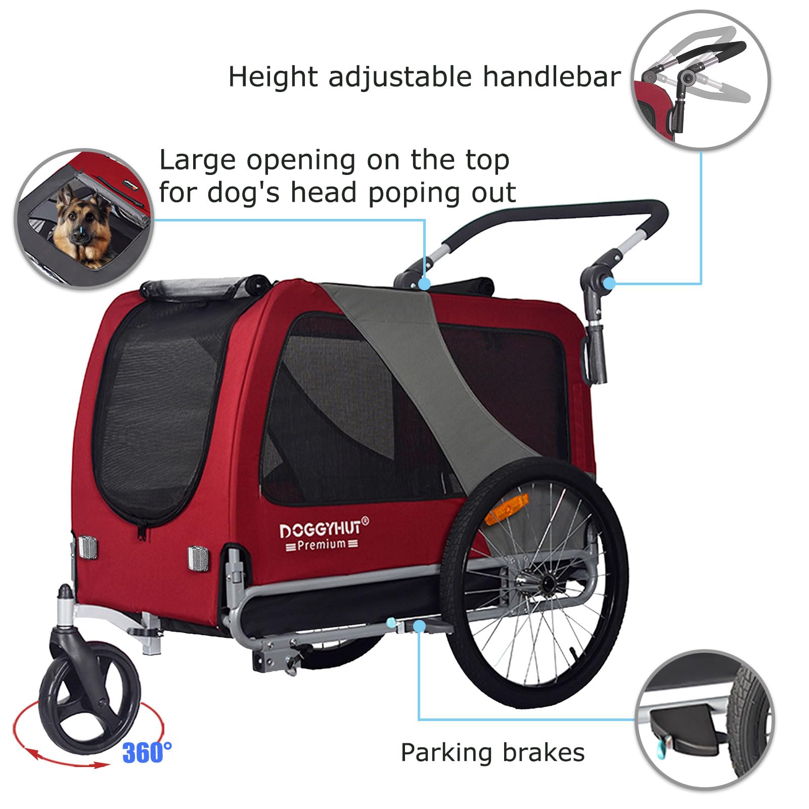 Doggyhut Premium Pet Bike Trailer & Stroller For Small,Medium Or Large Dogs,Bicycle Trailer For Dogs Up To 100 Lbs (Red, Xl)