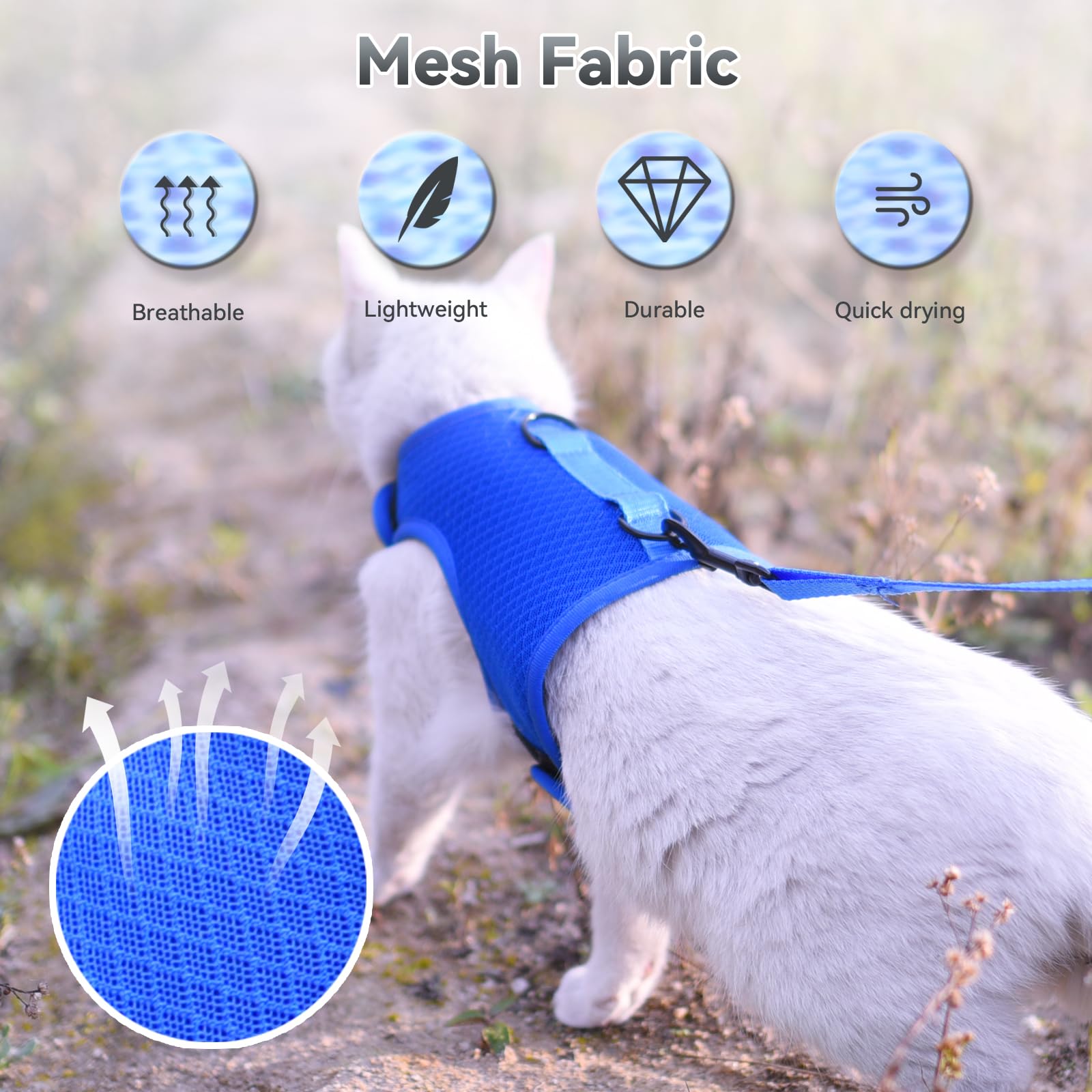 Cat Harness And Leash For Walking Escape Proof Breathable Mesh Fabric, Solid Blue, Large, Adjustable Cat Walking Jackets, Padded