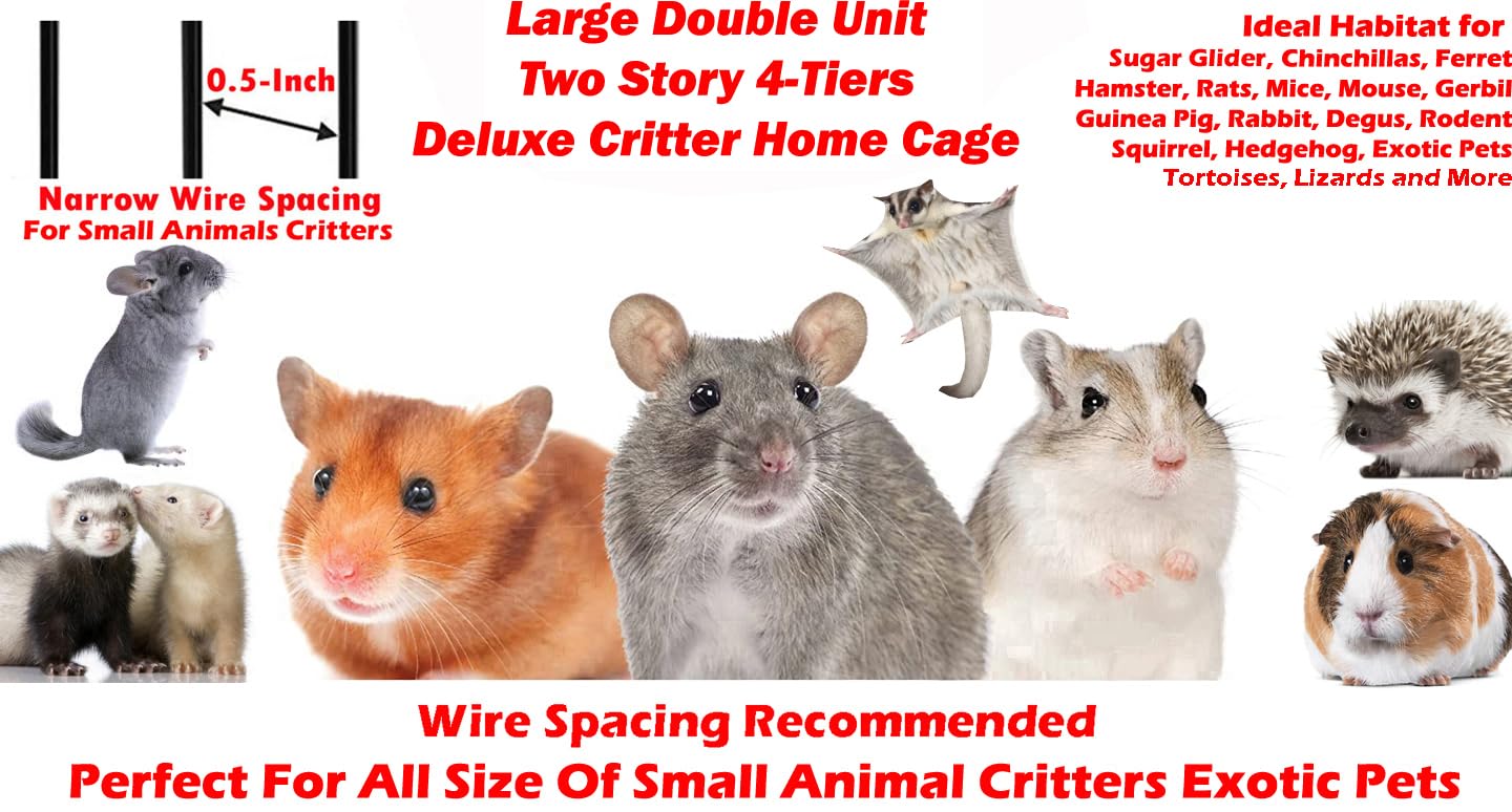 Large Deluxe Double Unit 4-Floors Tight 1/2-Inch Bar Spacing Durable Front Doors For Feisty Ferret Chinchilla Rat Mouse Hamster