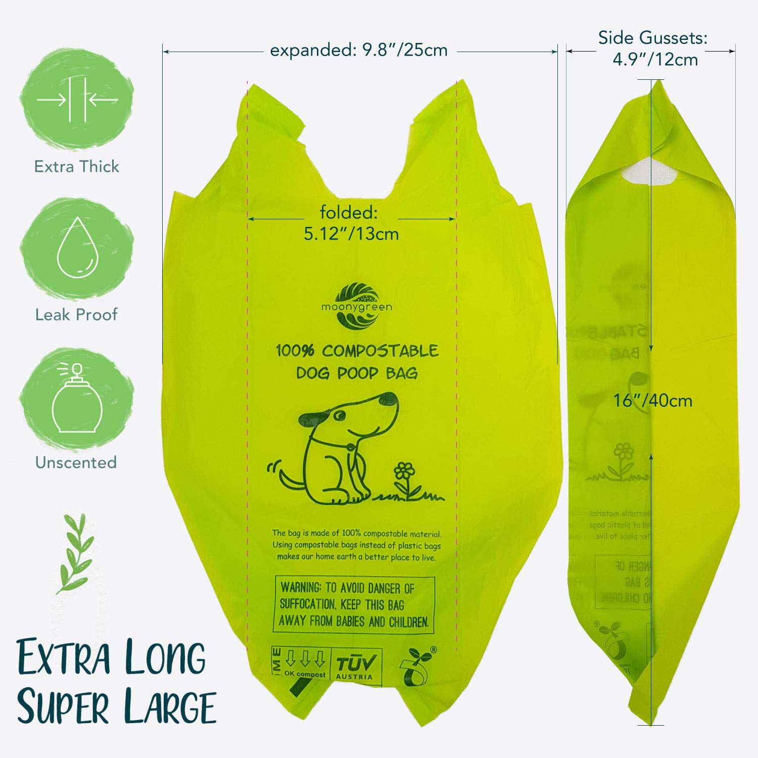 Moonygreen Dog Poop Bag, Compostable Doggie Poop Bags With Handles, Easy-Tie Pet Waste Bags, Eco-Friendly, Unscented, Vegetable-