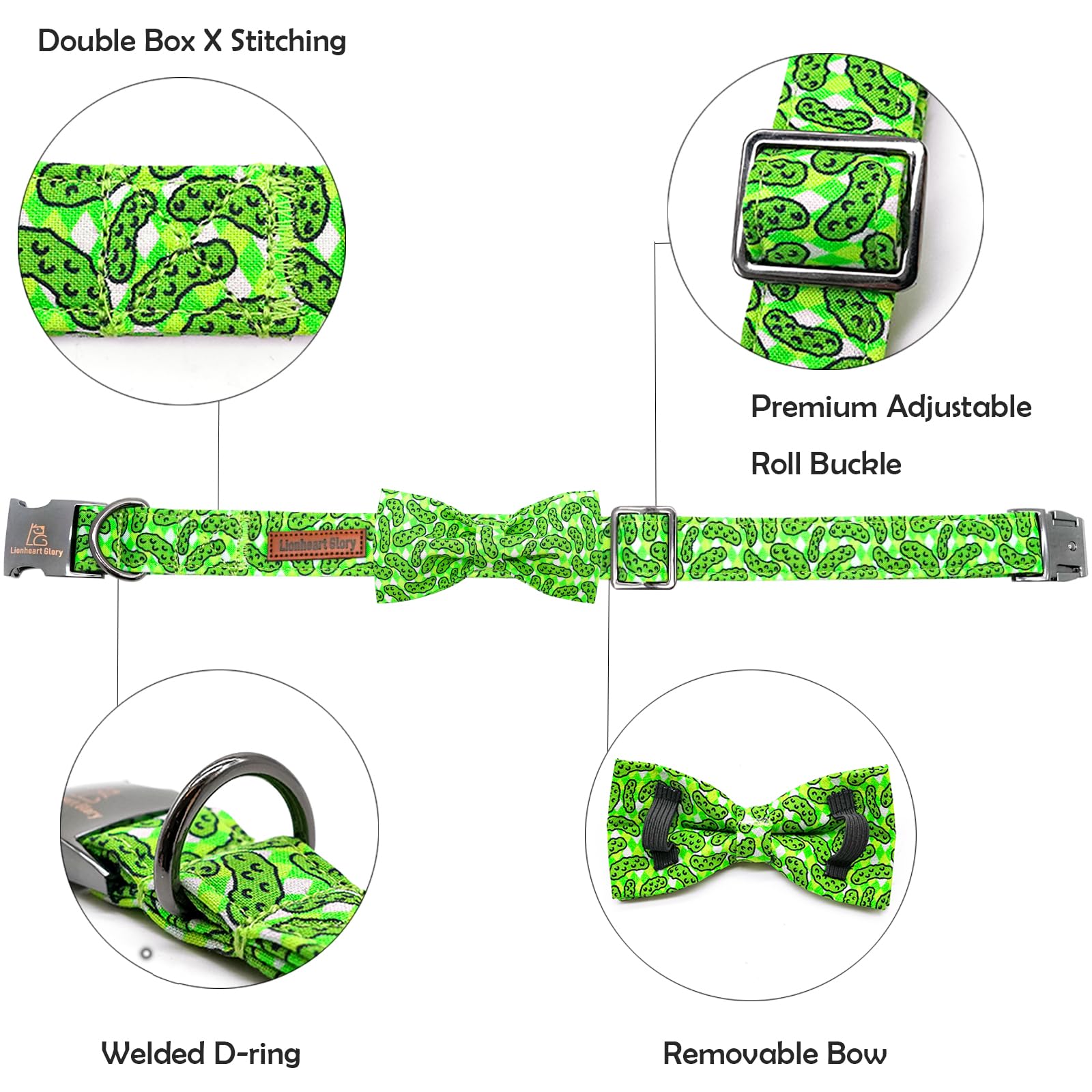 Lionheart glory Dog Bow Collar Cucumbers Print Dog Collar for Small Dogs, Adjustable Green Collars Spring Dog Collar with Bowtie