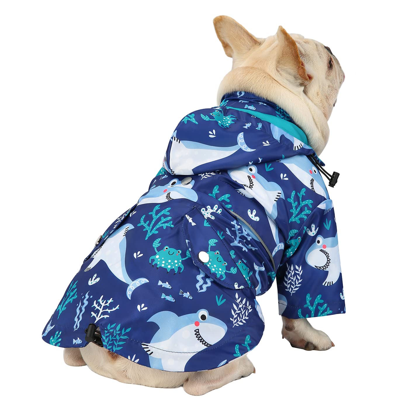 Hde Dog Raincoat Double Layer Zip Rain Jacket With Hood For Small To Large Dogs Sharks - L