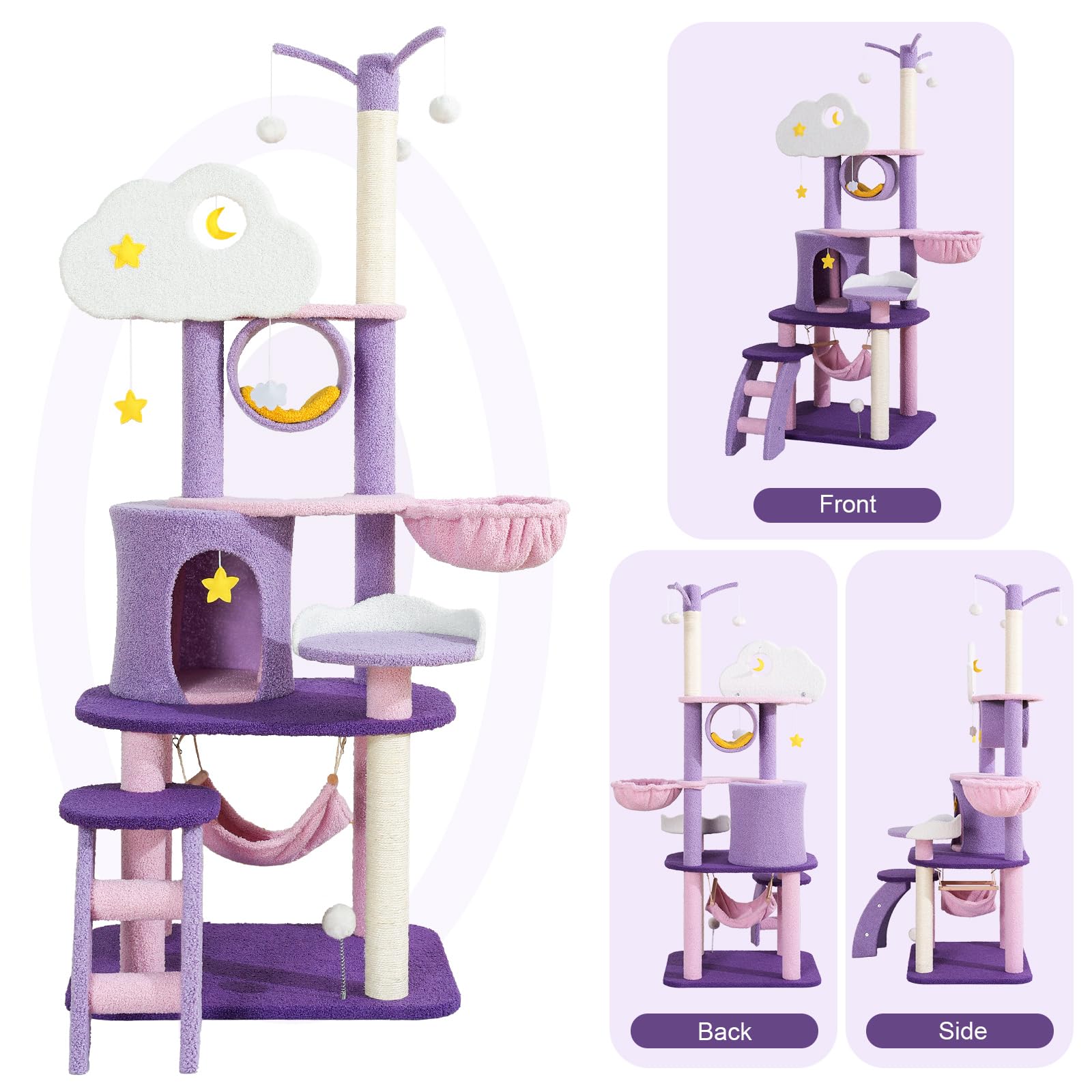 Lucky Monet Cute Cat Tower 65 Inches, Unique Cat Tree Large Tall For Indoor Cats, Purple Pink Cloud Big Cat Tree Cat Castle Mans