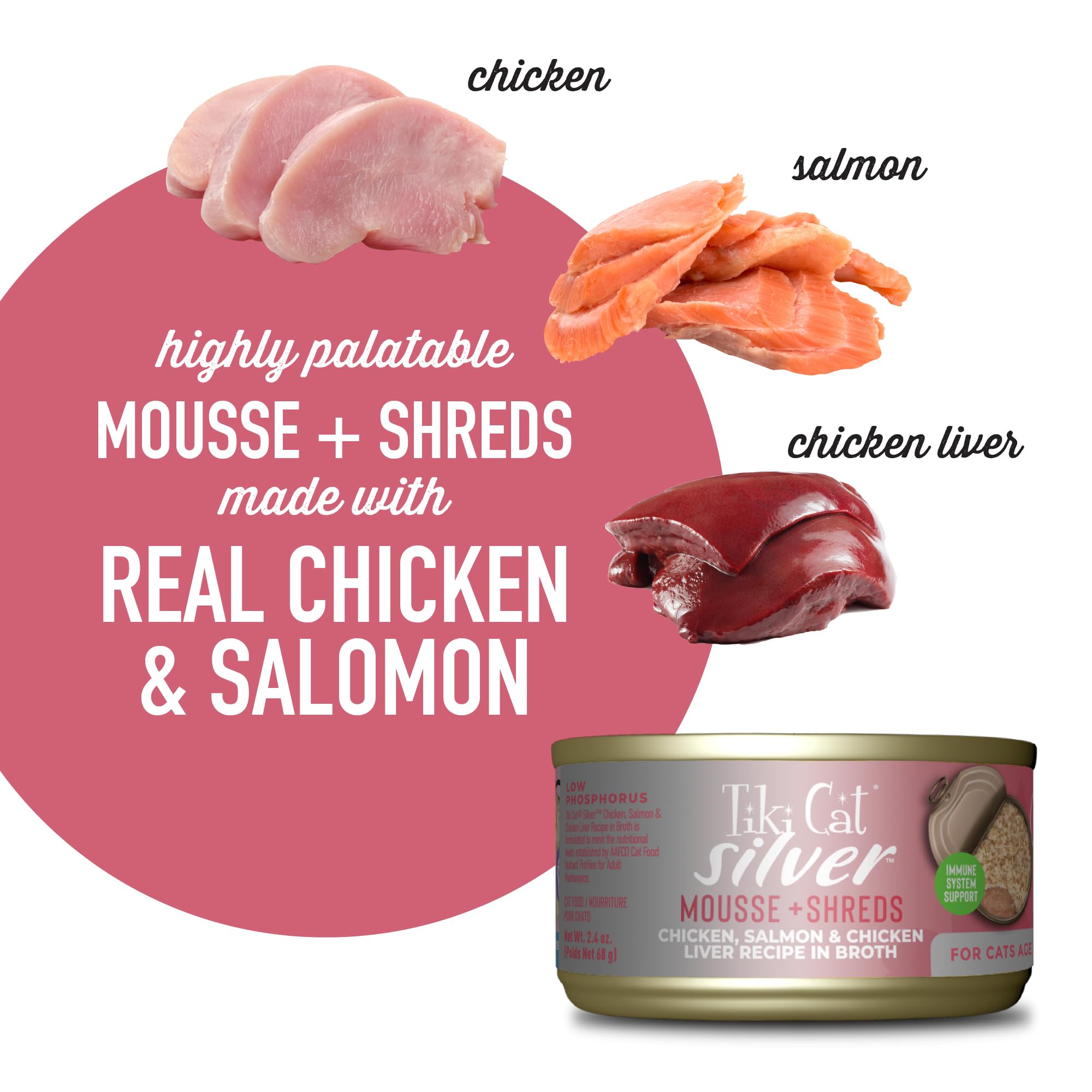 Tiki Cat Silver Comfort Mousse + Shreds, Chicken, Salmon & Chicken Liver Recipe, Immune System Support Formulated for Older Cats