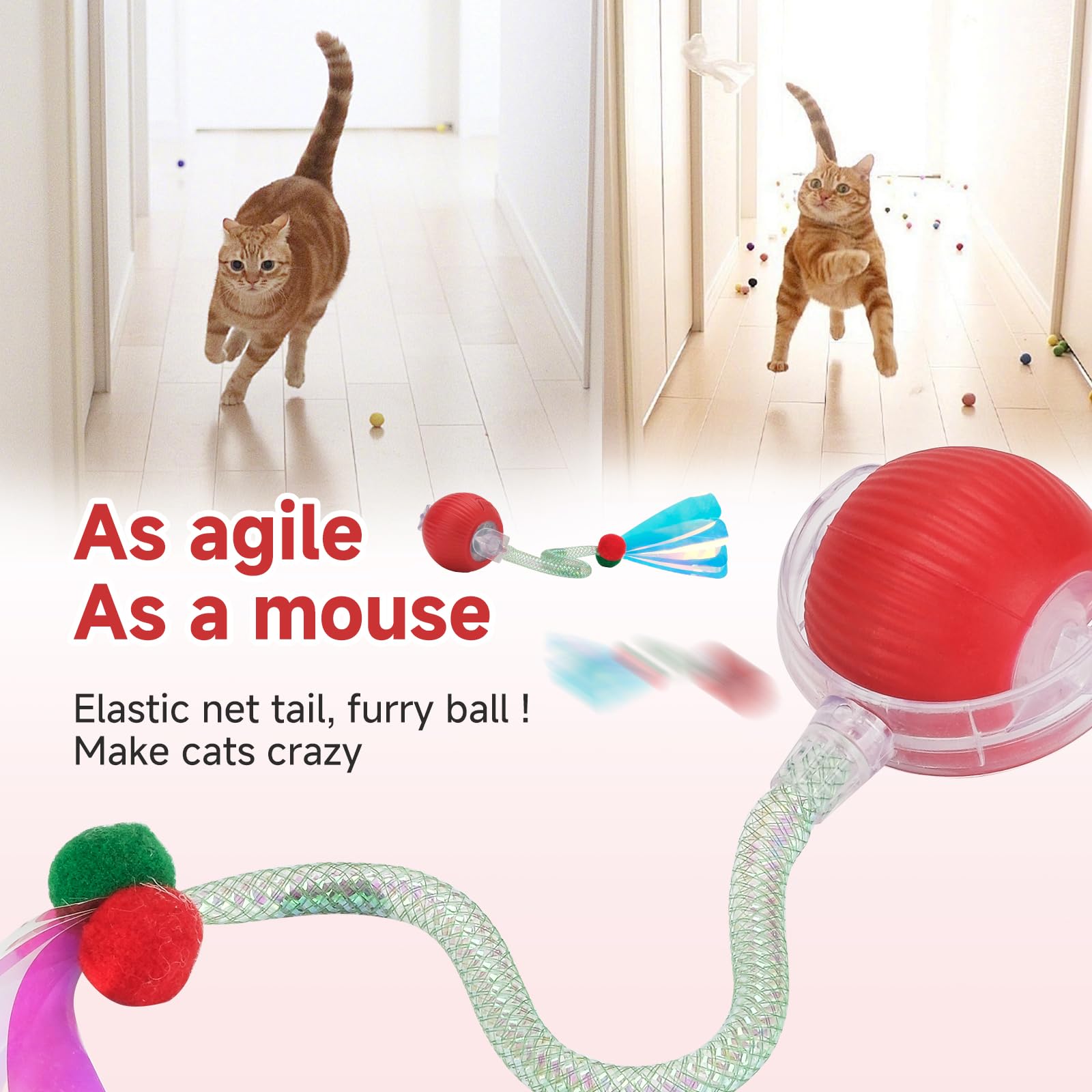 Interactive Cat Toy For Indoor Cats,Agile Automatic Moving Cat/Kitten Ball With Elastic Mesh Tail,Electric Toy Ball Chirping Bir