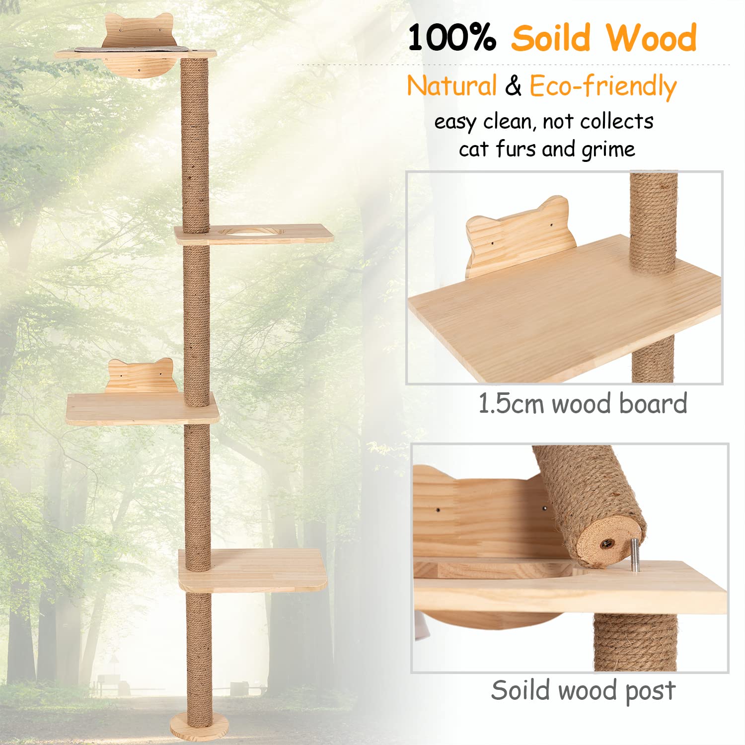 Cat Tree Wall Mounted Tall Scratching Post For Indoor Cats Climbing Tower Activity Wood Cat Wall Furniture 73 Inch