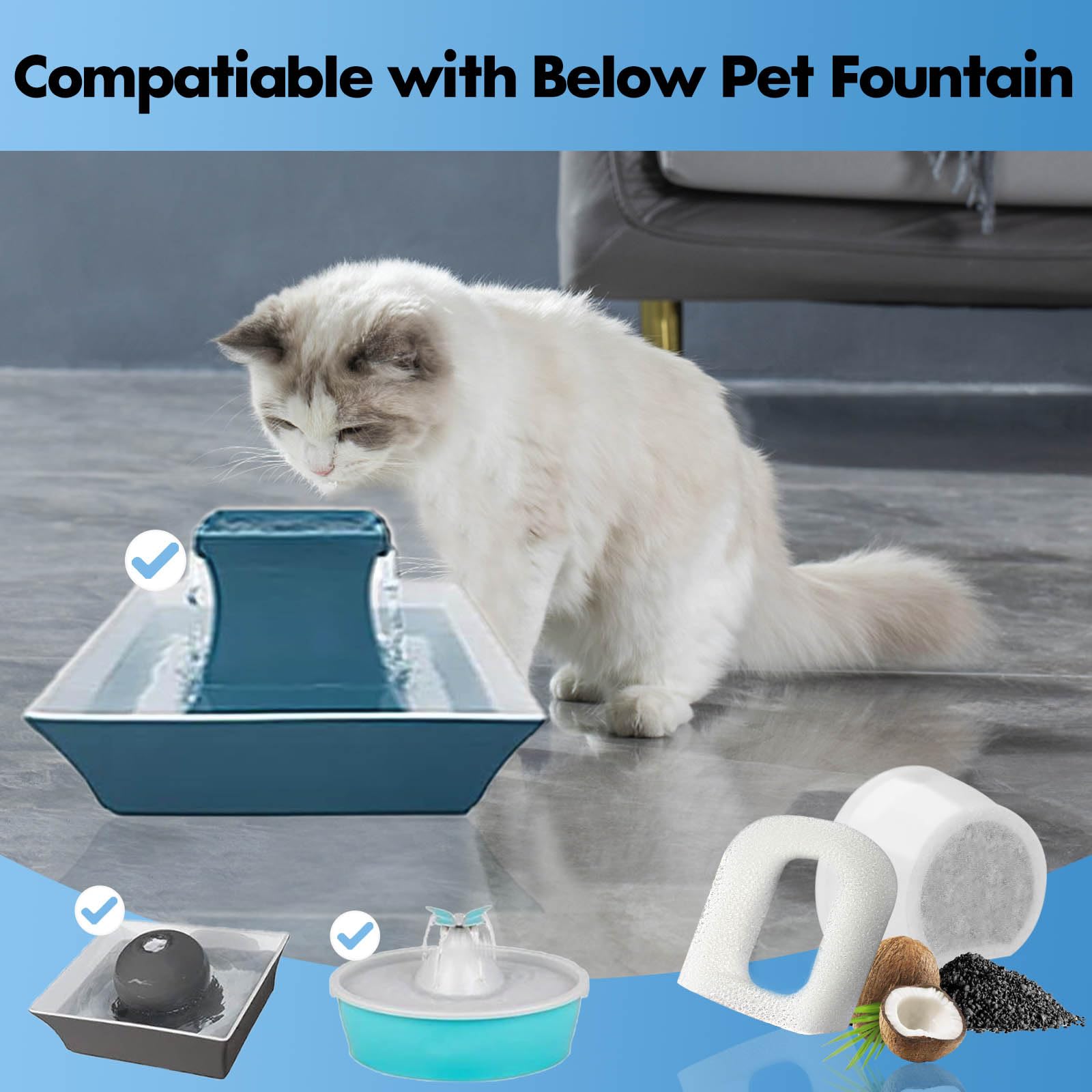 16 Pack Cat Water Fountain Filters Replacement, 8 Carbon Filters and 8 Foam Sponge Pre-Filter Fit for Multiple Ceramic and Stain