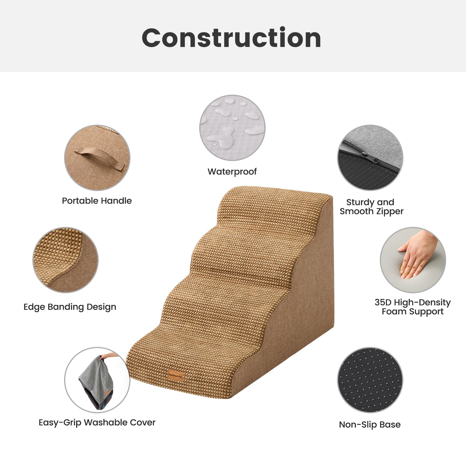 Gardner Pet Dog Stairs for Small Dogs 19.7 H, 4-Step Brown Curved Pet Stairs, Dog Steps for High Bed (18-24 in), Couch with Dura