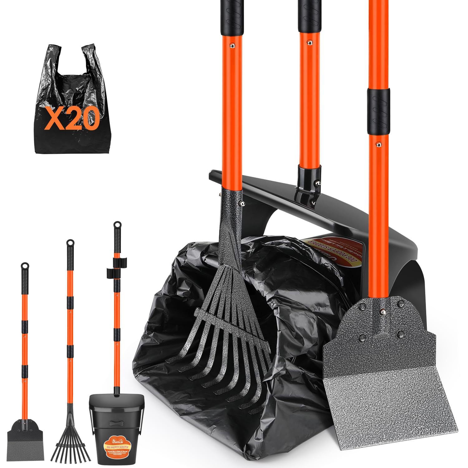 Slowton Dog Pooper Scooper - 37.4'' Long Handle Adjustable Metal Swivel Bin & Rake & Spade Kit With 20 Waste Bags, Portable Poop