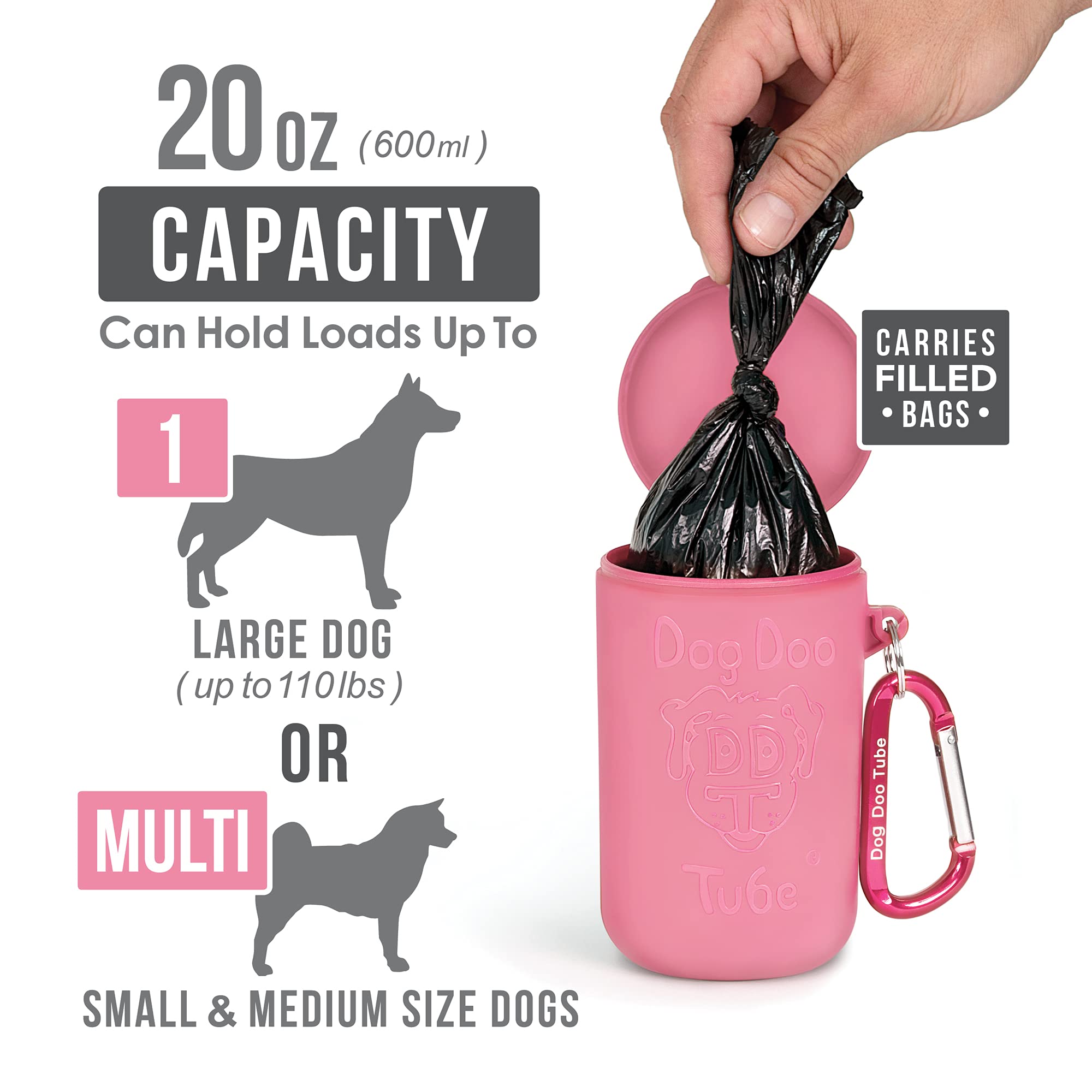 Dog Doo Tube Reusable Dog Poop Holder For Dog Walkers - Carries Used Dog Poop Bags - Tight Fitting Lid Keeps In Odors - Dog Waste Carrier - Attachable To Dog Leash, Harness Or Waist (Medium, Pink)