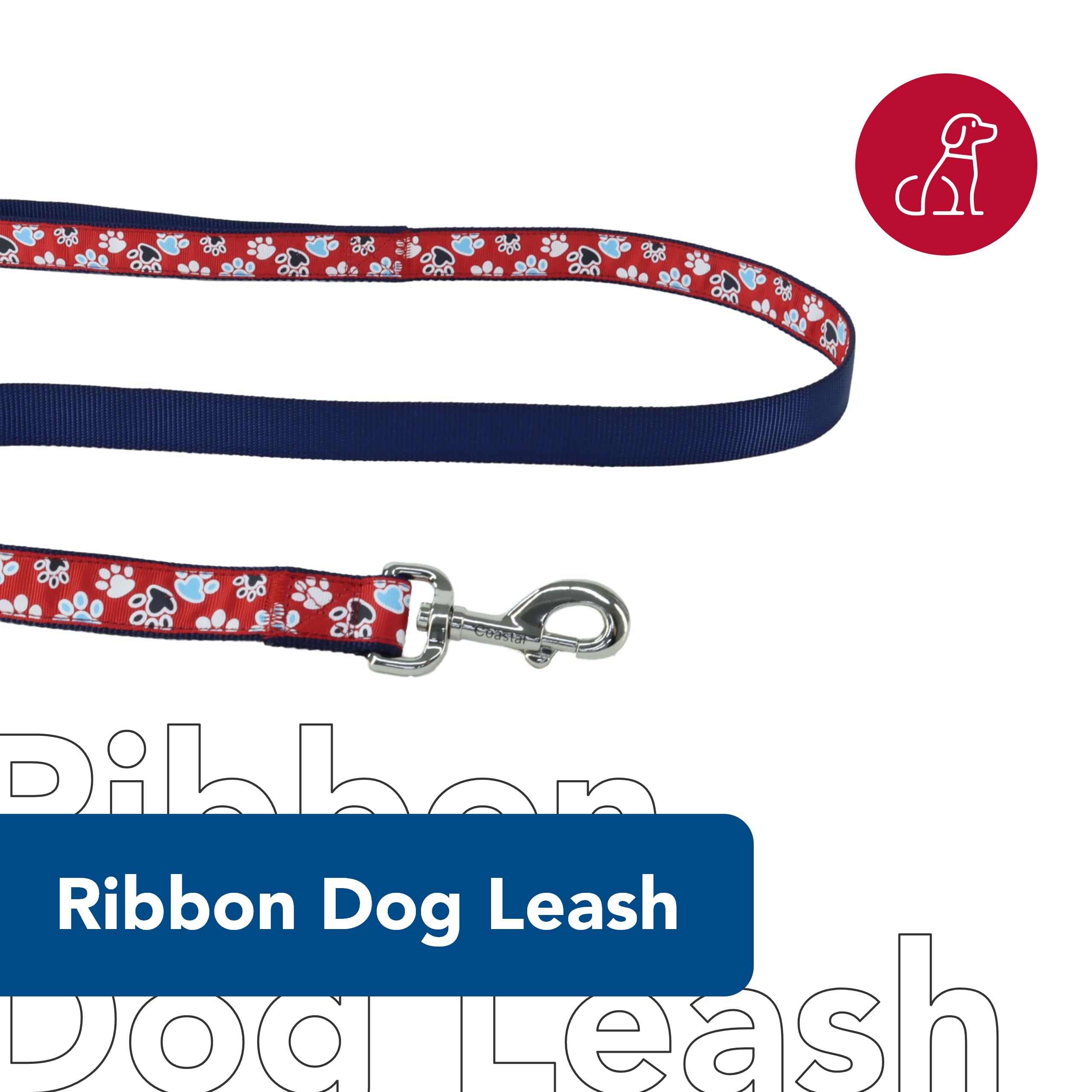 Coastal Pet Ribbon Dog Leash - Contemporary Stylish Look - Durable Fade-Resistant Nylon Material - Perfect For Dogs Red With Paws, 1' X 06'