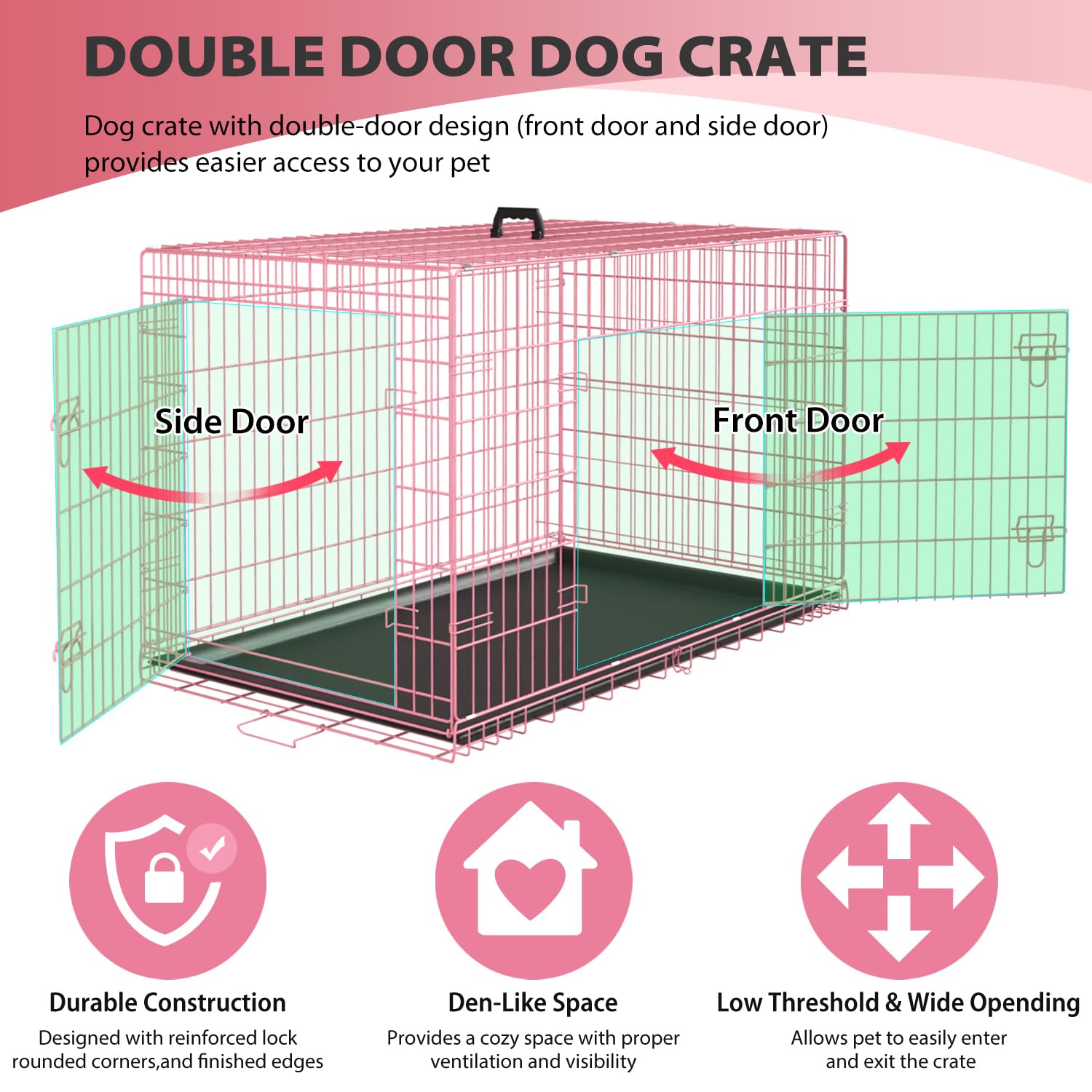 Home For Pets Dog Crate Cage Extra Folding Large Double Door Pet Crate,Includes Divider And Tray,48,Pink