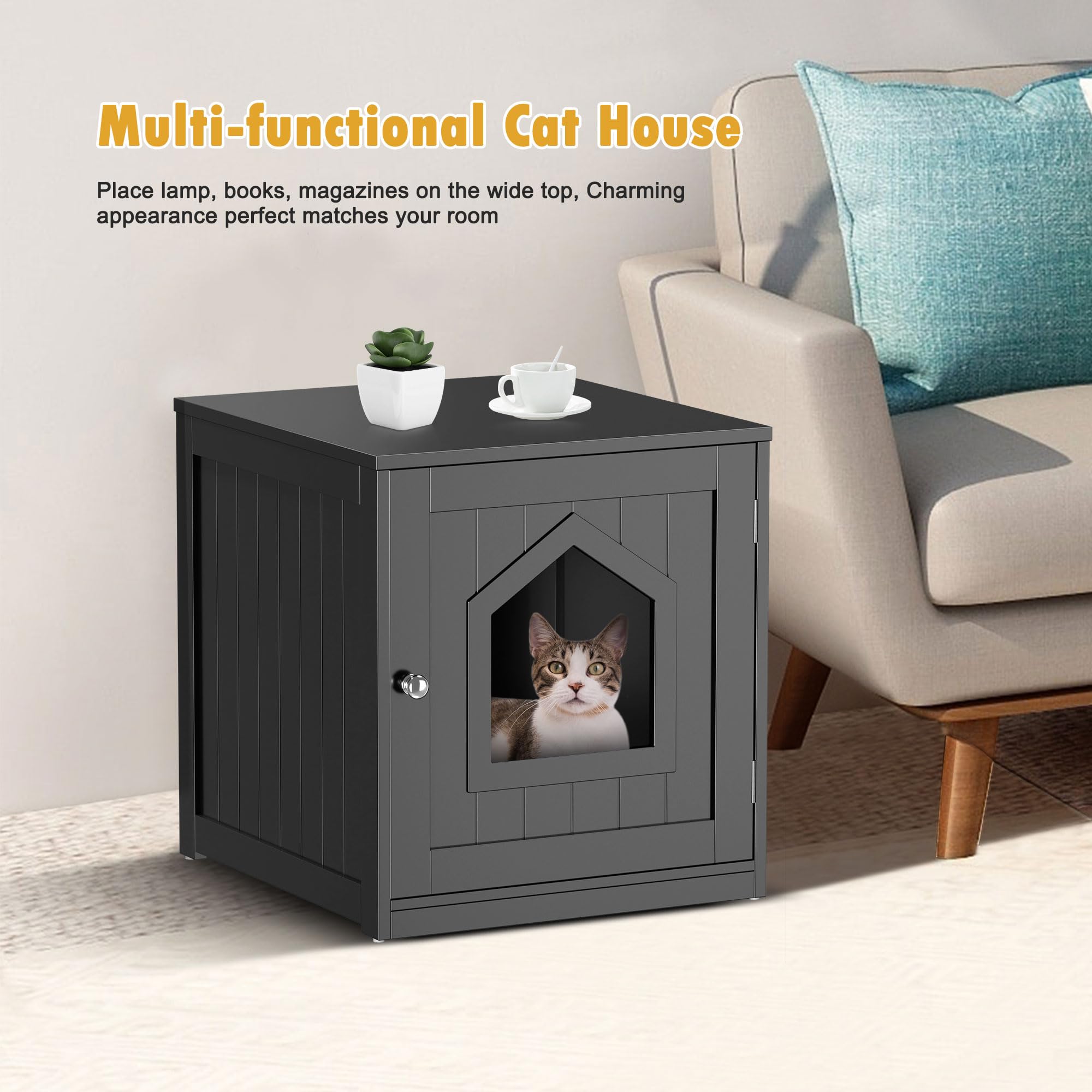 Nova Microdermabrasion Cat Litter Box Enclosure Hidden Kitty Litter Box Furniture Indoor Cat Box Cabinet Cat House & Side Table Nightstand Cat Washroom (Black)