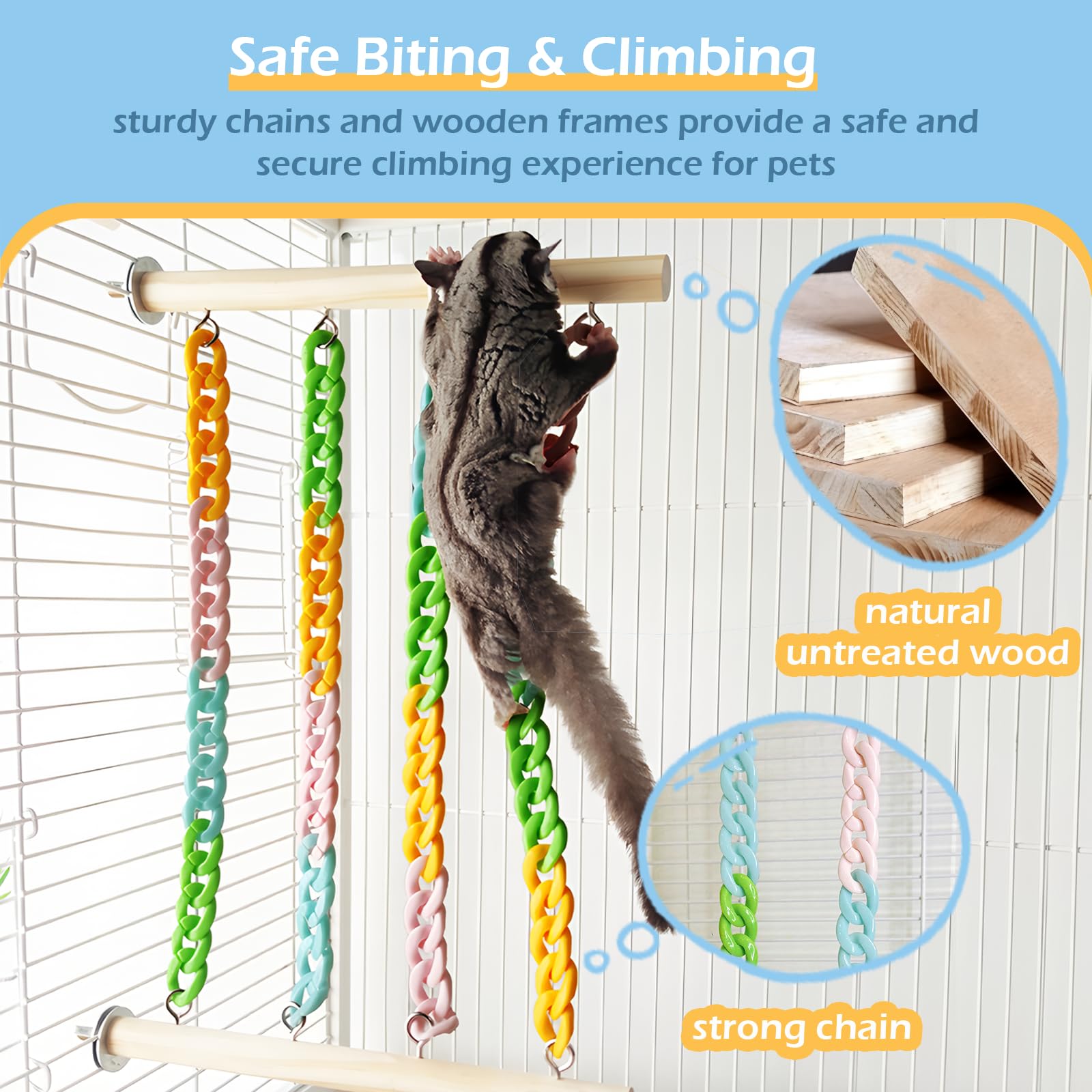 Jevnd 2Pcs Sugar Glider Climbing Toys, Natural Wood With Sturdy Colorful Chains Hanging Toys Sugar Glider Cage Accessories, Wobb