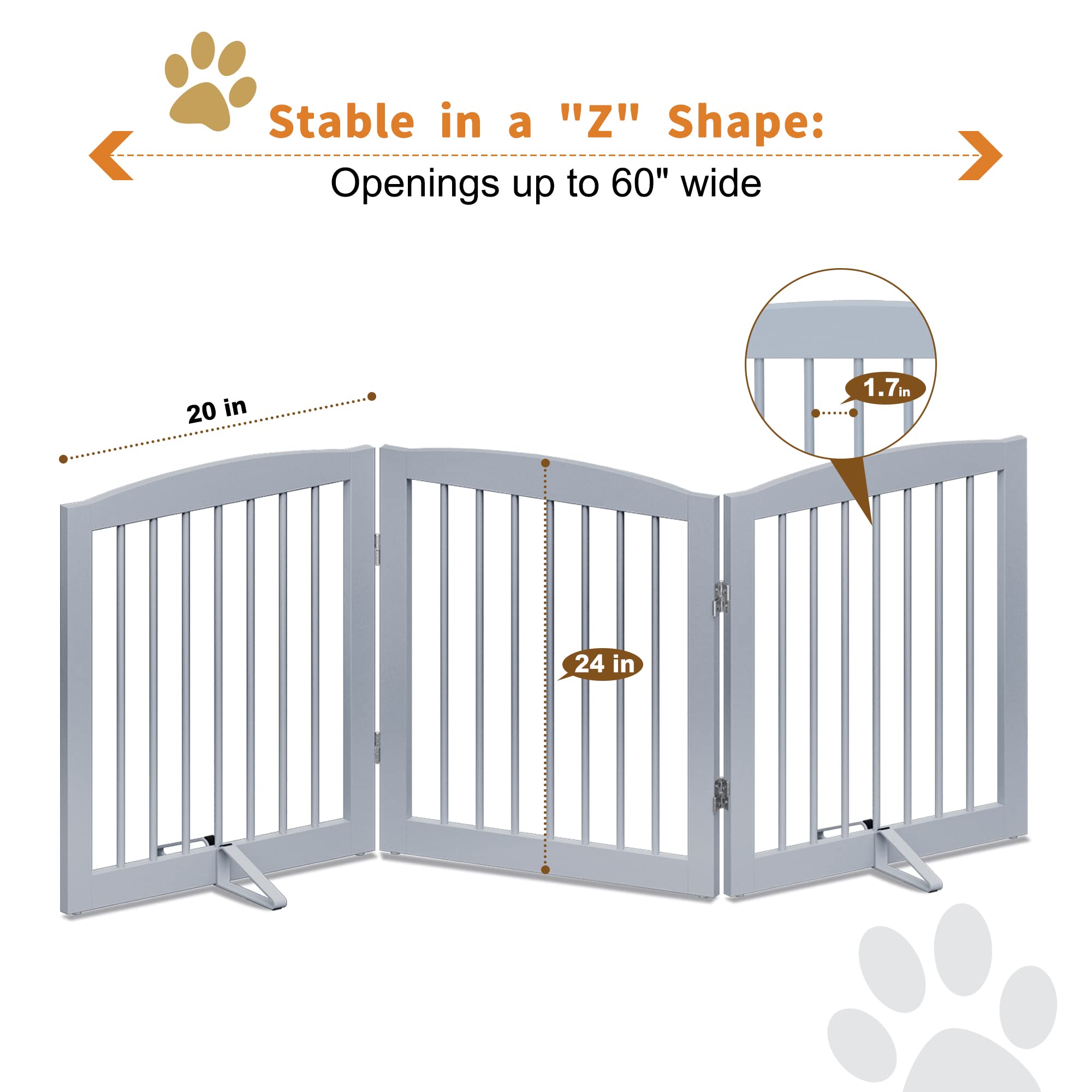 Pupetpo Freestanding Pet Gate For Dogs, Foldable Wooden Dog Gate For House, Indoor Dog Gate For Doorways, Stairs, Step Over Pet Puppy Safety Fence, Support Feet Included, 24' Height 3 Panels, Grey