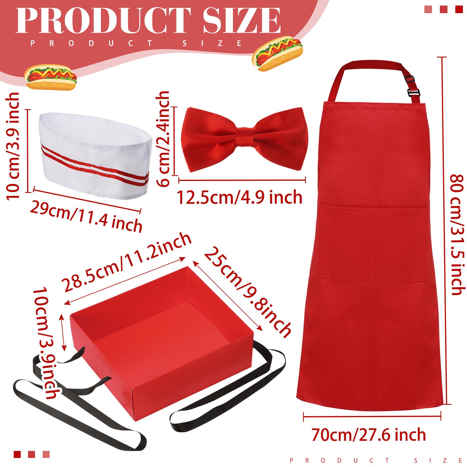 Vinsatin 5 Pcs Adult Waiter Costume with Hot Dog Pet Costume, Soda Jerk Popcorn 50s Circus Halloween Party Cosplay(Red,Extra Sma