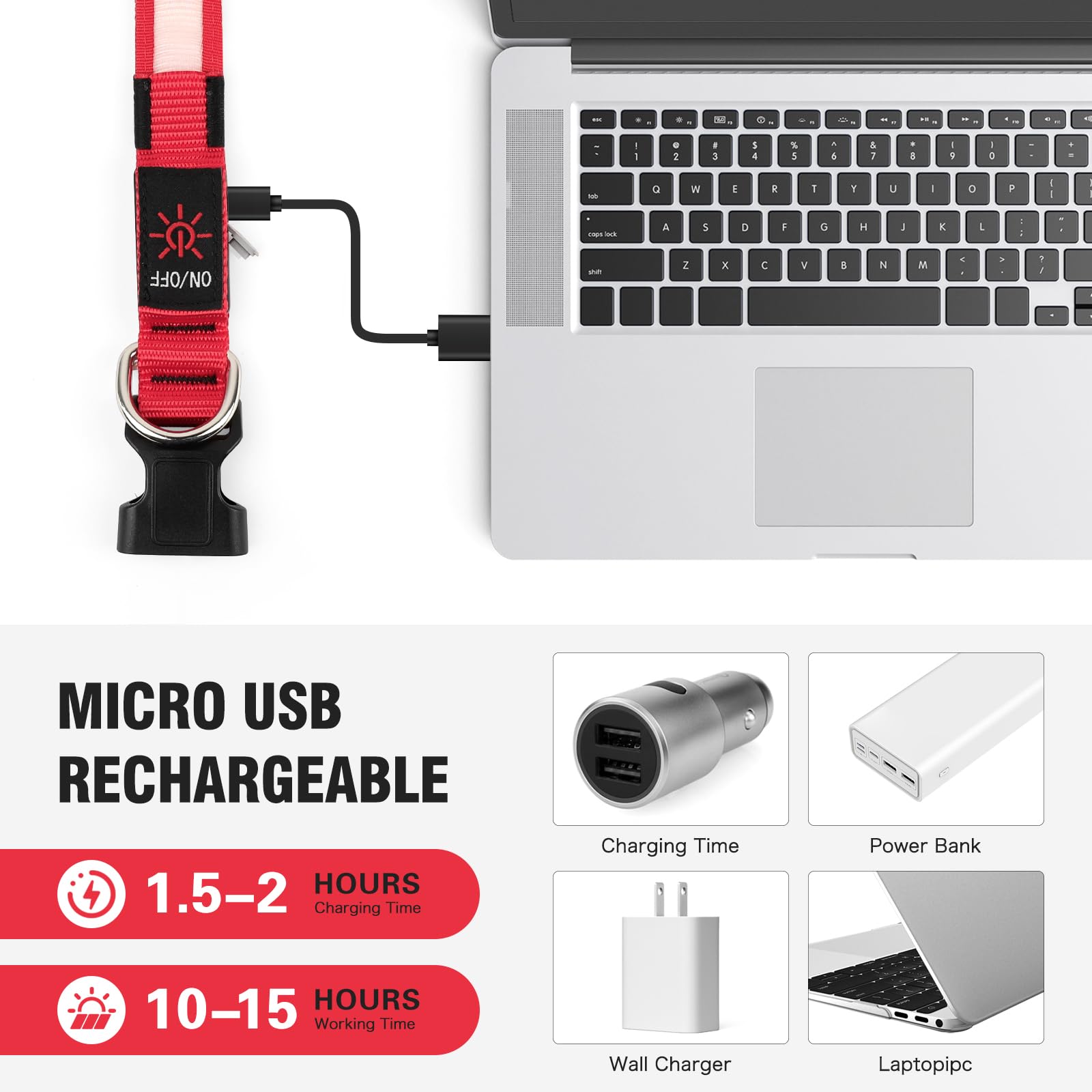 Illumifun Led Dog Collar, Usb Rechargeable Light Up Dog Collars, Flashing Safety Dog Collar Glow In The Dark (Red, Medium)