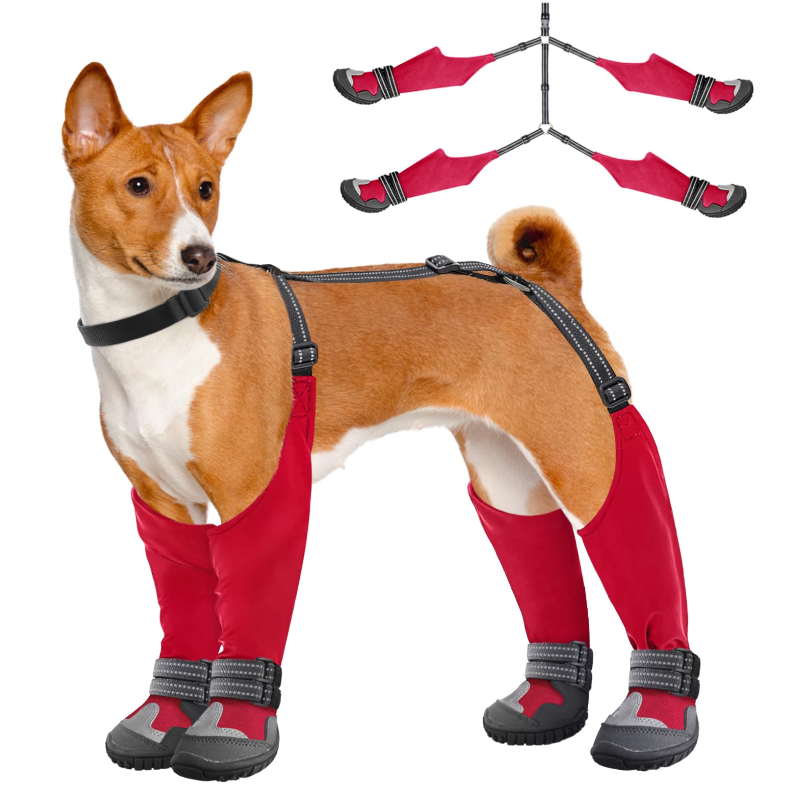 Idepet Dog Suspender Boots - Anti-Slip Waterproof Shoes for Winter, Snow, Rain, Hiking - Adjustable Tall Leggings Paws Protector