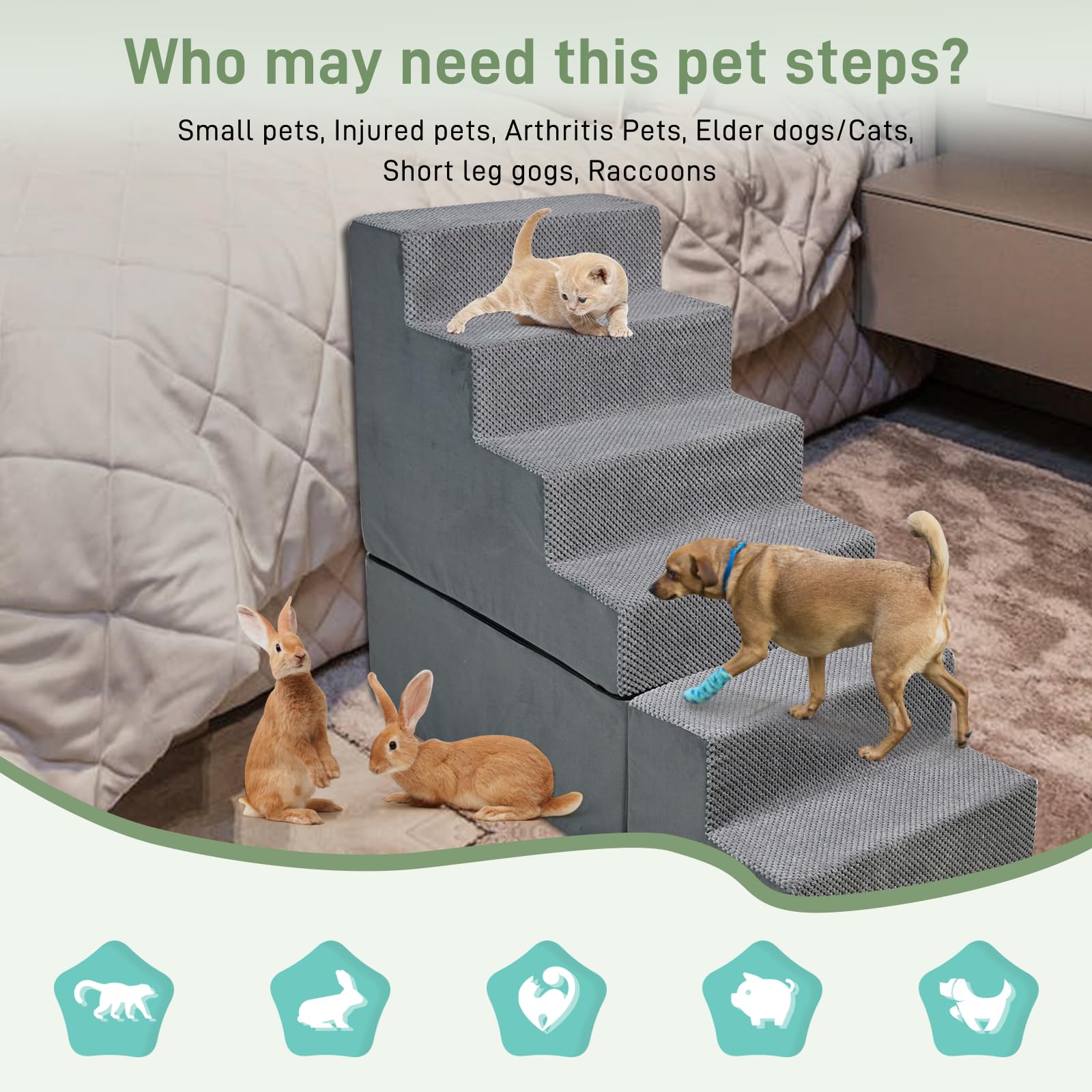 Dog Stairs For High Beds 28-30 Inches Tall, 6-Step Dog Stairs For Small Large Dogs/Cats, Foam Dogs Steps/Ramp For High Bedsides/