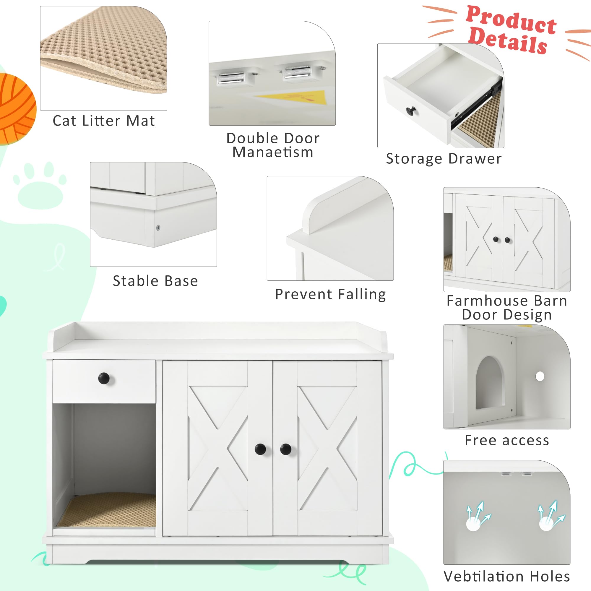 Merax Farmhouse Hidden Cat Litter Box Enclosure with Barn Door & Mat, Wooden Cat Washroom Furniture with Litter Box,Cat House wi