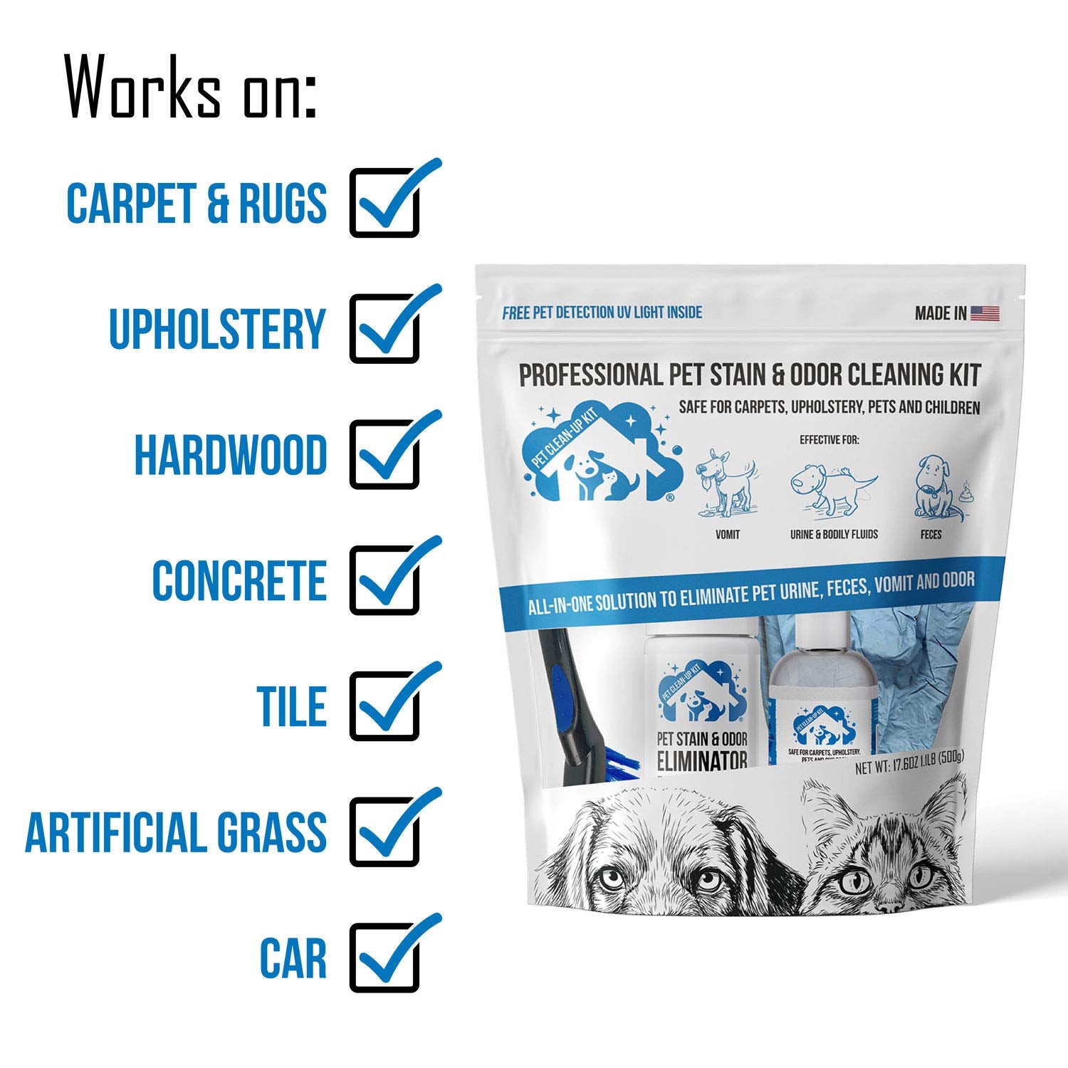 Professional Pet Stain & Odor Cleaning Kit | Carpet Stain Remover - Clean Dog And Cat Urine, Feces, Vomit - Eliminate Odor & Sme