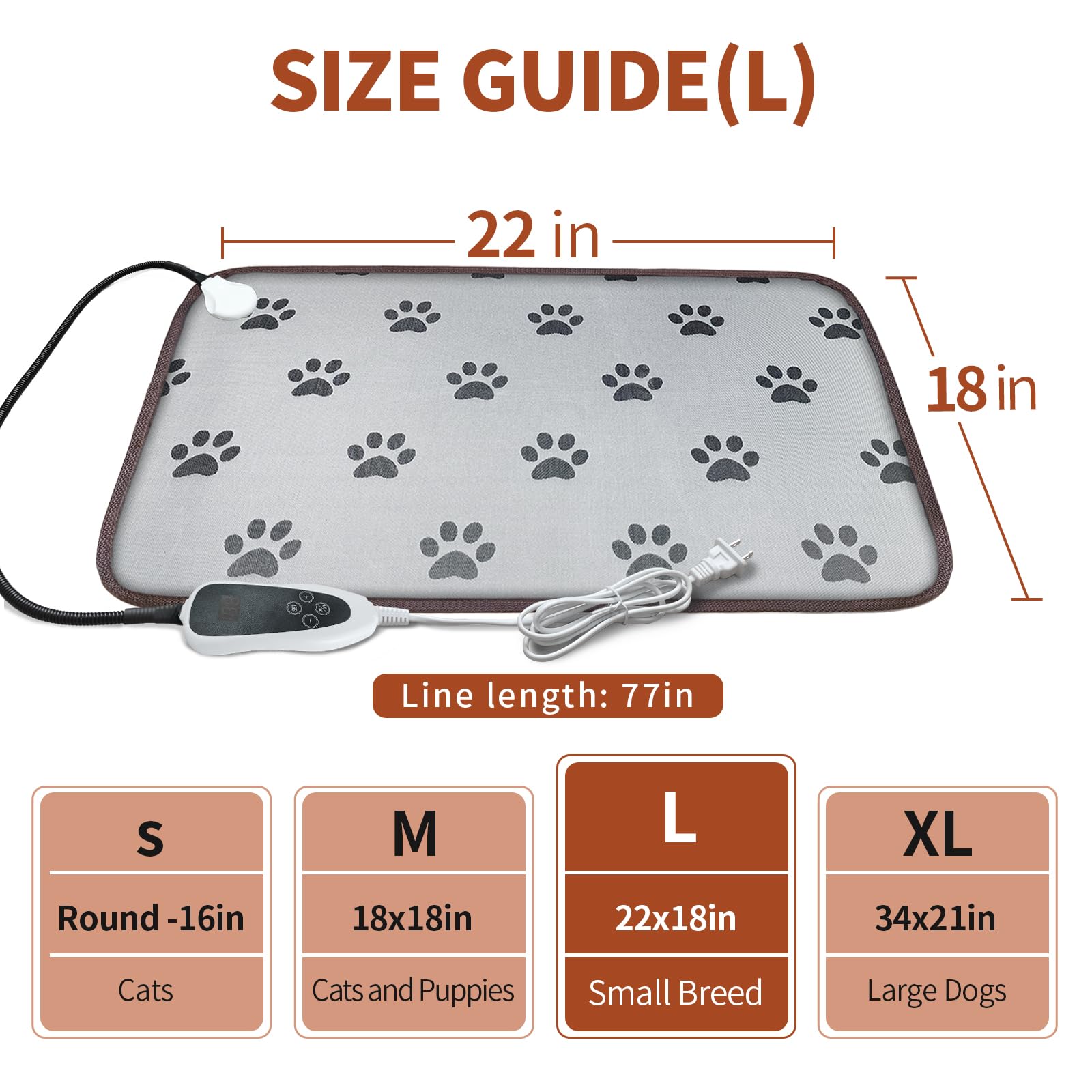 Golopet Pet Heating Pad 22X18 In Cat Heating Pads For Cats Waterproof Smart Thermostat Switch, Adjustable Heated Cat Bed, Adding Wire Rope Wires Cat Warming Pad-Paw Print