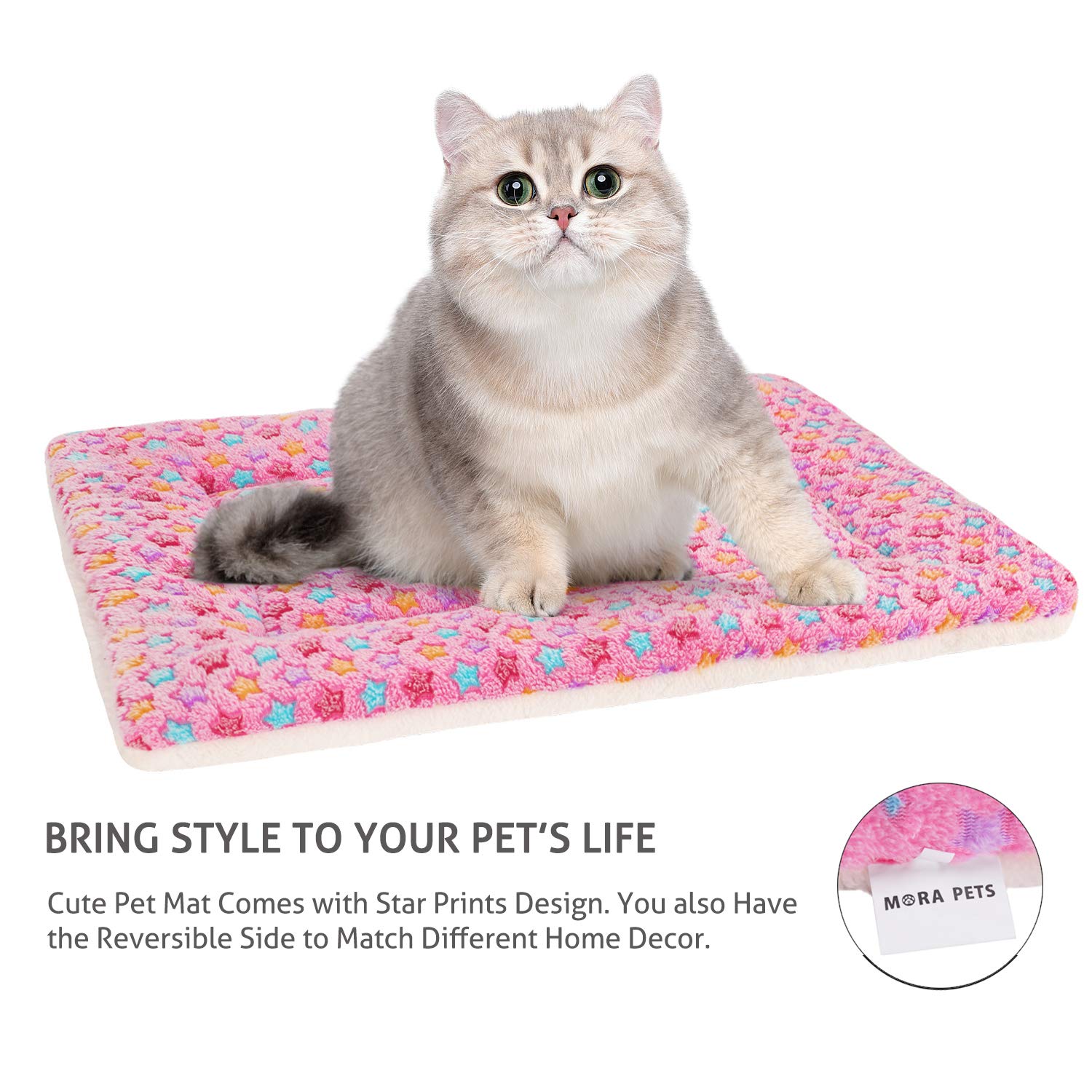 Mora Pets Cat Bed Dog Crate Pad Ultra Soft Pet Bed With Cute Star Print Washable Crate Mat For Small Dogs And Indoor Cats Reversible Fleece Dog Kennel Pad Cat Carrier Mat 14 X 17.5 Inch Pink