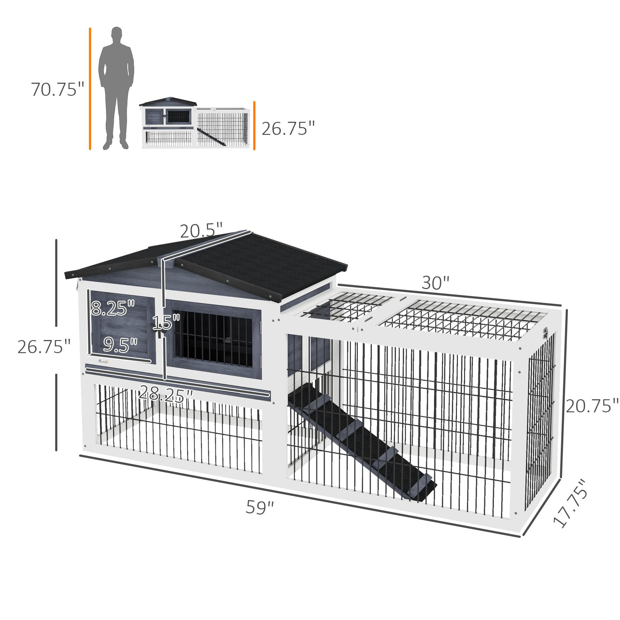 Pawhut 2 Levels Outdoor Rabbit Hutch With Openable Top, 59' Wooden Large Rabbit Cage With Run Weatherproof Roof, Removable Tray, Ramp, Dark Gray