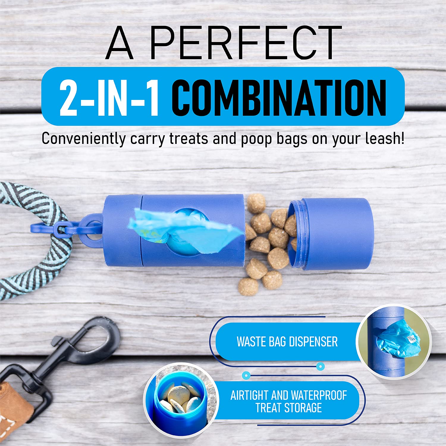 TreatPod Leash Treat Holder and Poop Bag Dispenser - 2 in 1 Dog Waste Bag Dispenser and Treat Container Pouch, Includes 15 Eco Friendly Extra Strength Bags (Navy) -Like New