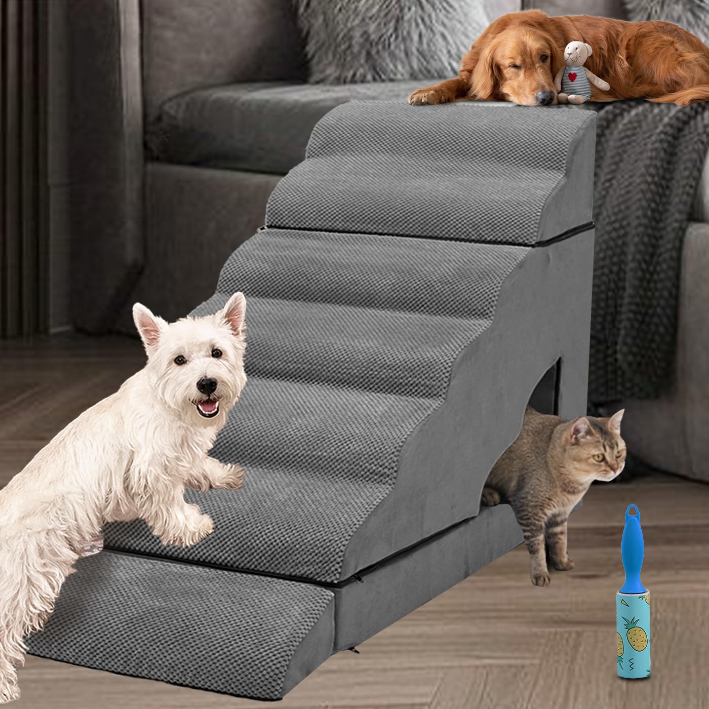 A.Fati 7 Tiers Dog Stairs, Non-Slip Dog Steps For High Beds Up To 32'-36' High, Dog Ramp For Small Dogs, 34 Inch Pet Ramp For