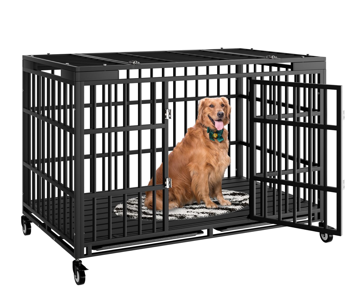 Hmhtct 54 Inch Heavy Duty Dog Crate With Wheels,Indestructible Escape-Proof Dog Kennel With Locking Latch And Double Door,Extra 