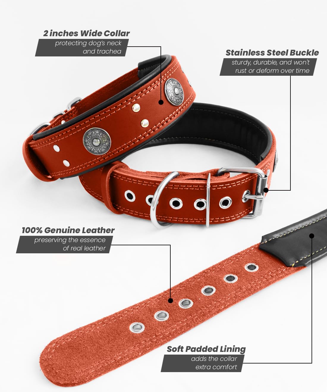 Leather Dog Collar, 2 Inches Wide Heavy Duty Genuine Leather Collars, Handmade, Soft, And Luxury, Eye-Catching Best Choice For L
