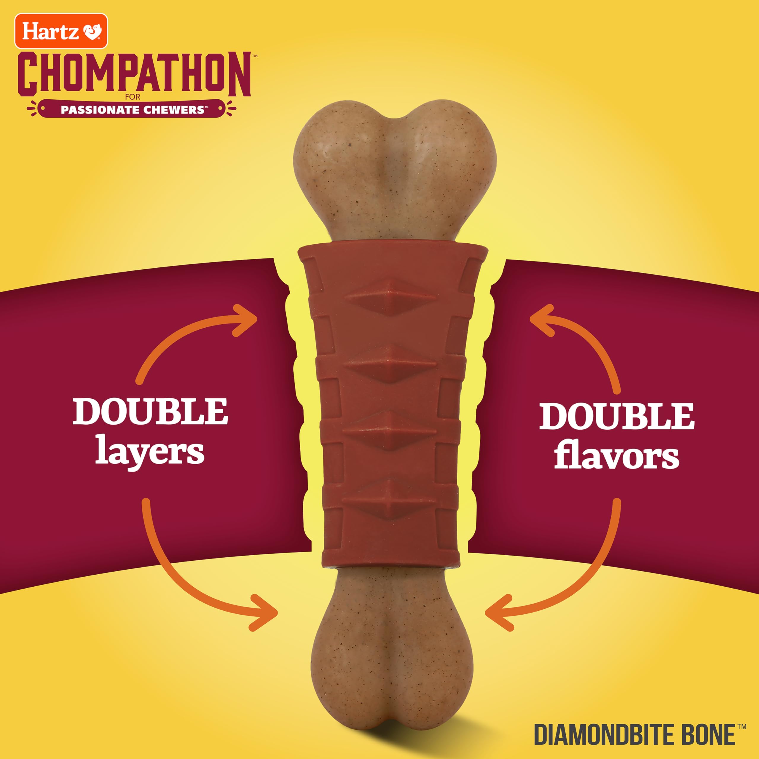 Hartz Chompathon Diamondbite Bone Dog Chew Toy for Aggressive Chewers, Double Layered Flavored with Chicken & Peanut Butter