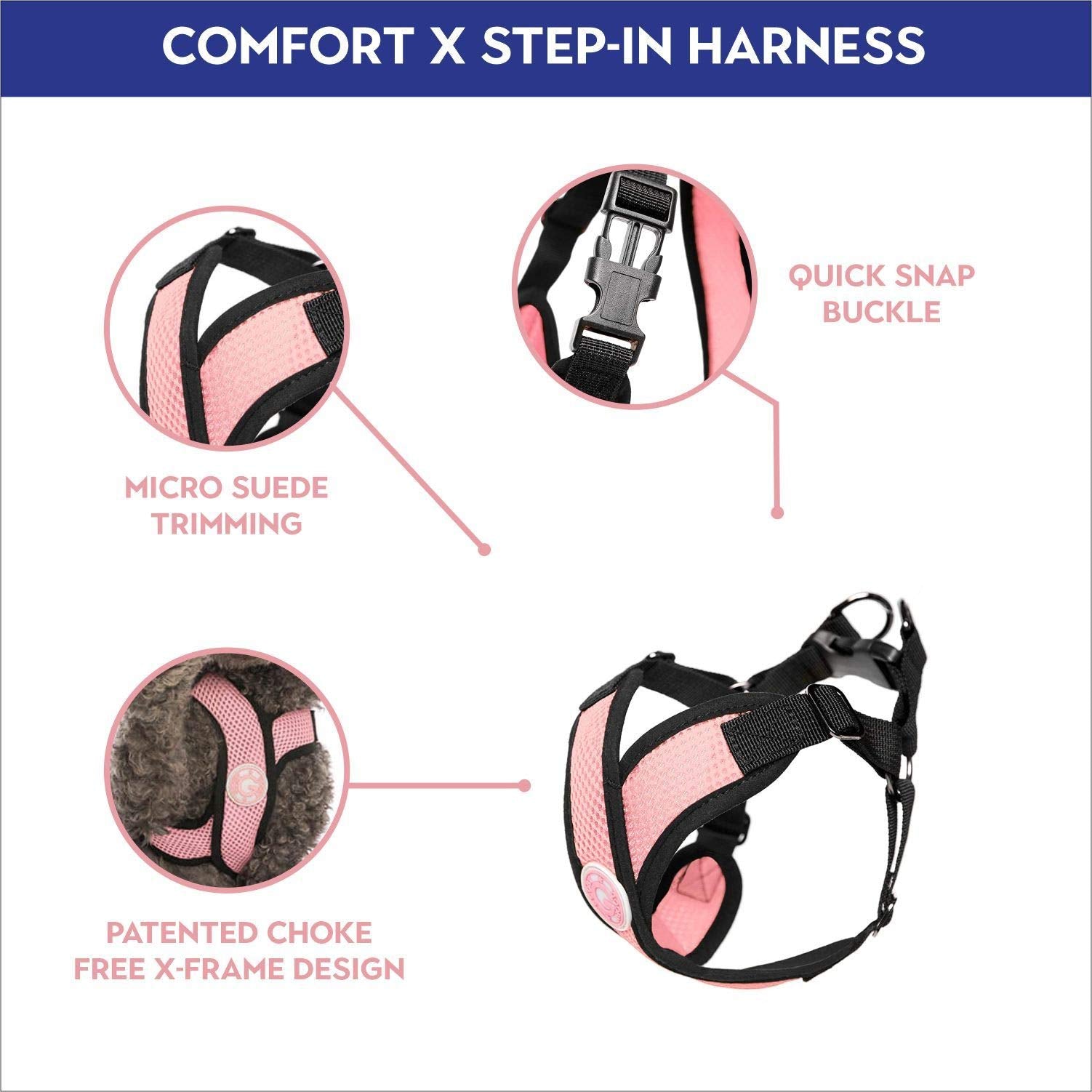 Gooby - Comfort X Step-in Harness, Choke Free Small Dog Harness with Micro Suede Trimming and Patented X Frame, Pink, Small