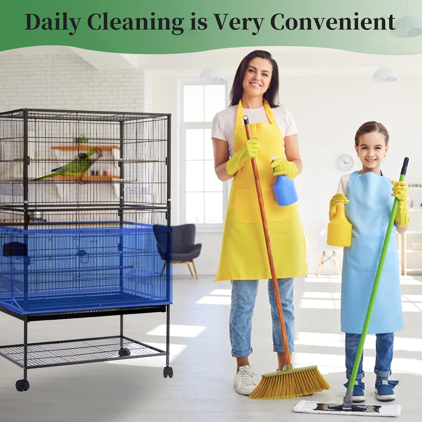 Daoeny 2Pcs Large Bird Cage Cover, Bird Cage Seed Catcher, Adjustable Soft Airy Nylon Mesh Net, Birdcage Cover Skirt Seed Guard For Parrot Parakeet Macaw African Round Square Cages (Blue + Green)