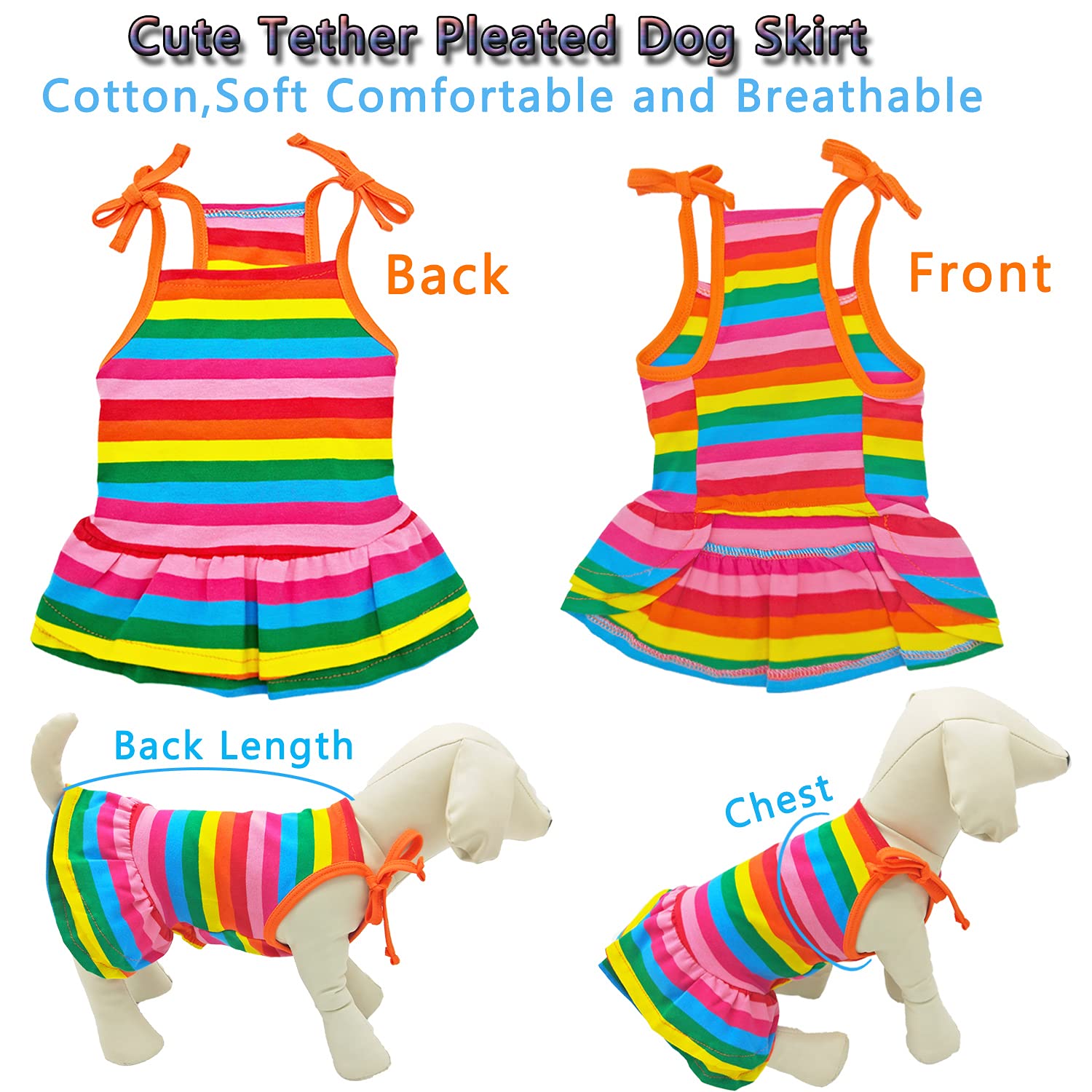 Lkex Dog Shirt Rainbow Striped Puppy Dresses Clothes Colorful Pet Sleeveless Vest T-Shirt, Summer Skirt Cute Girls Tether Dress Outfits For Small Medium Dogs Cat Top Costume Breathable Apparel Xs