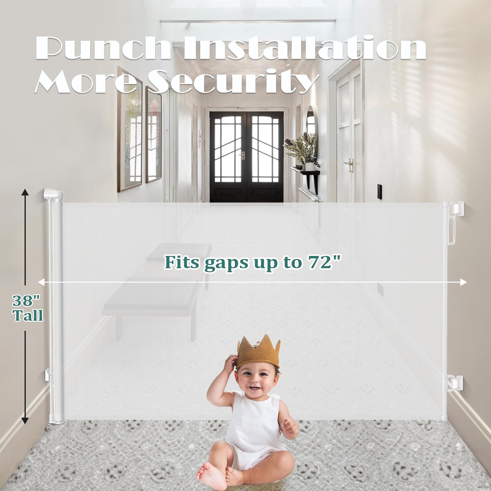 Babepai Retractable Baby Gates Extra Wide | 72' Wide X 38' Tall Dog Gates For Stairs | Indoor/Outdoor Use | Child Gates For Doorways, Deck, Porch, Hallways, Patio - White