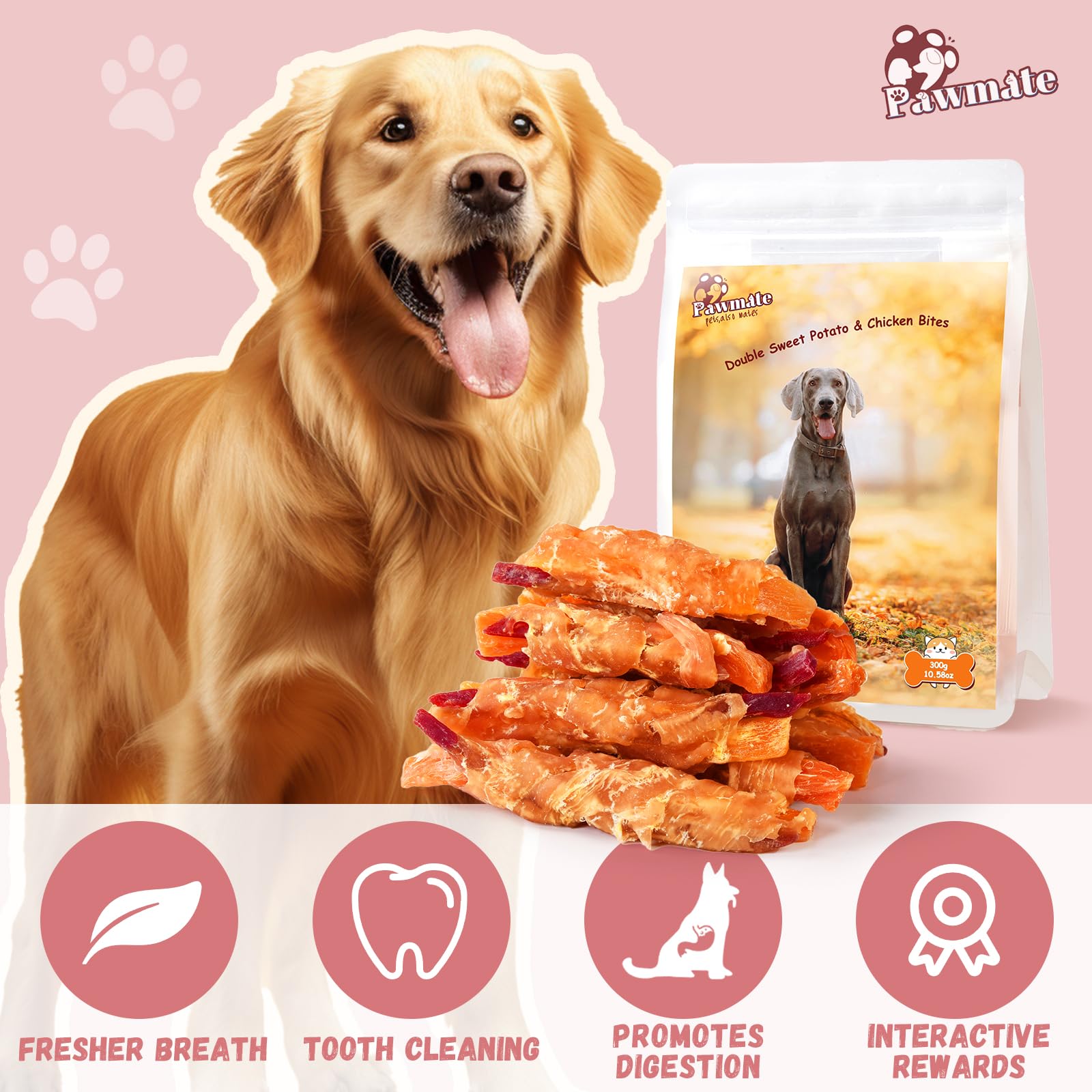 Pawmate Dog Treats, Double Sweet Potato Chicken Jerky Wrapps Healthy Rawhide-Free Dog Treats Chicken Jerky Low Fat High Protein
