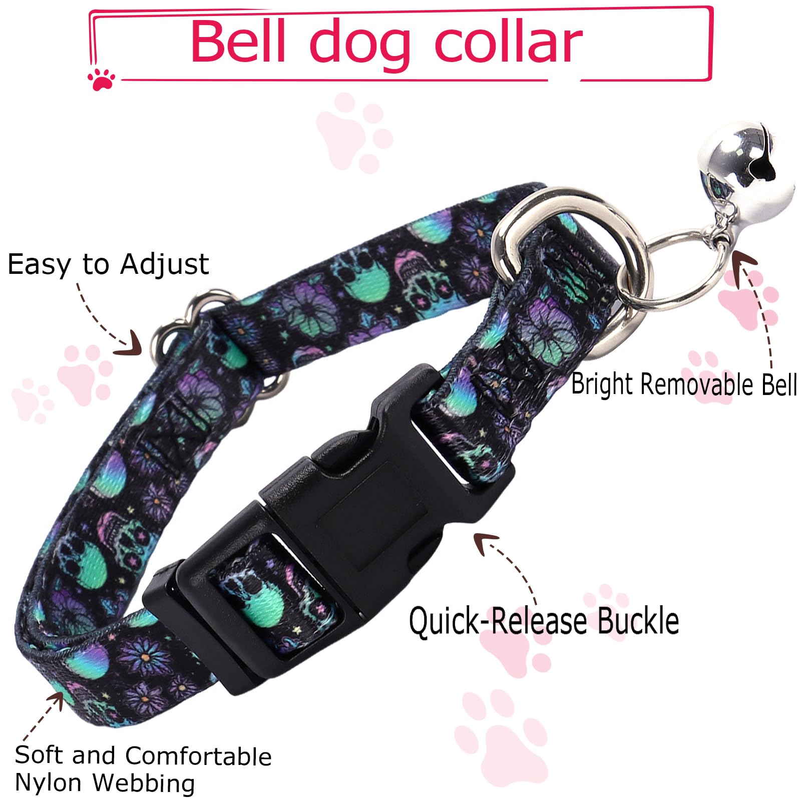 Small Dog Collar With Bell - Soft Adjustable Nylon Collar For Small Breeds, Skull Pattern Collar For Chihuahua Pomeranian Yorkie