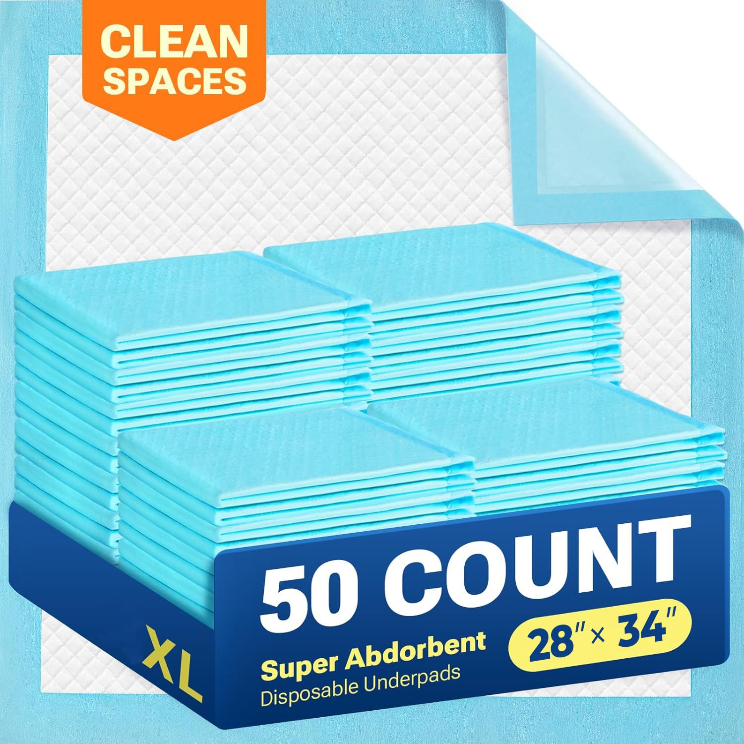Clean Spaces Super Absorbent Puppy Pads 28x34 50 Count, Quick Drying Dog Training Pee Pads, Disposable Underpads for Baby and Ad