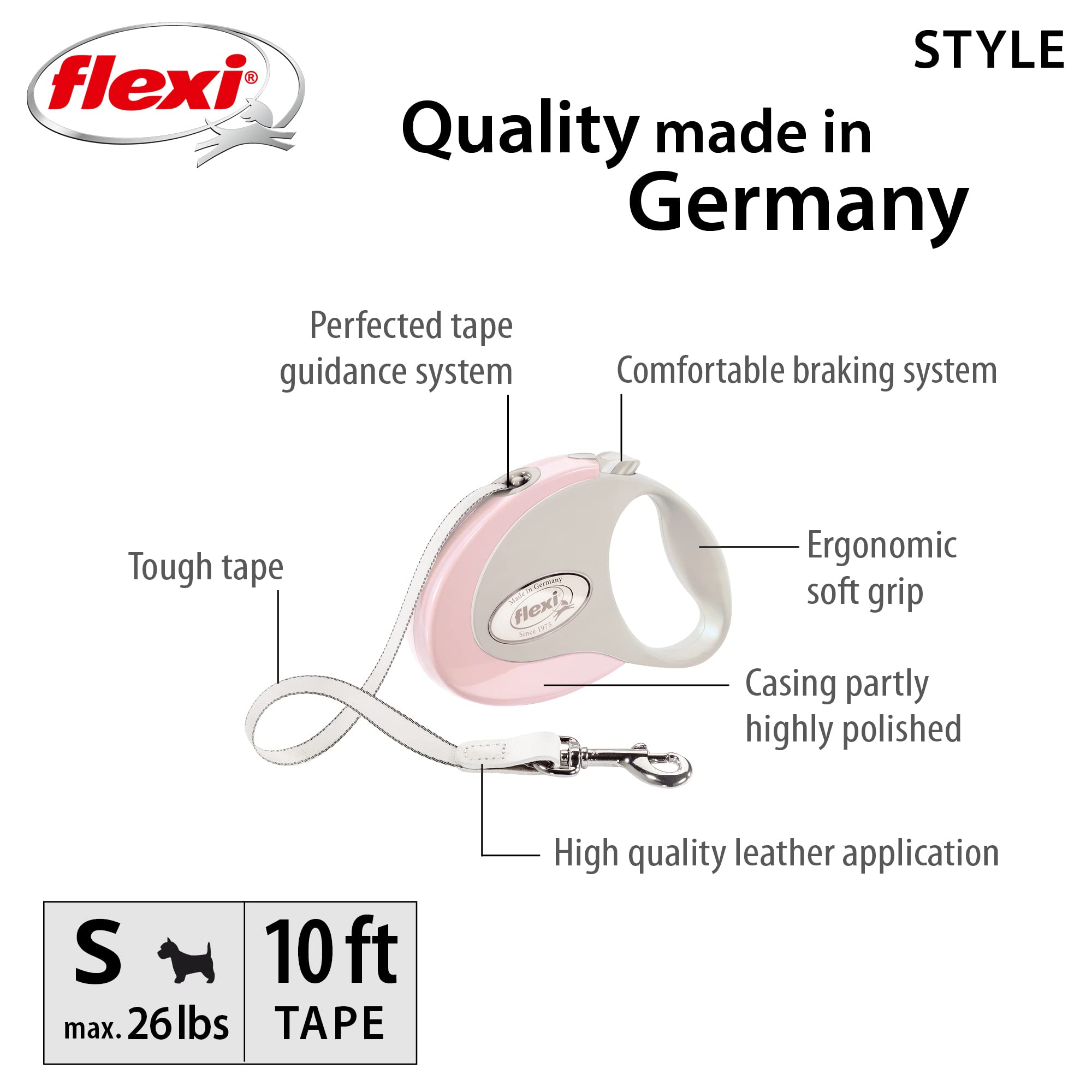 Flexi Tape Retractable Dog Leashes For Small Dogs Upto 26 Lbs. - 10 Ft., Pink/Rose | Tangle Free Pet Walking Leash With One-Hand